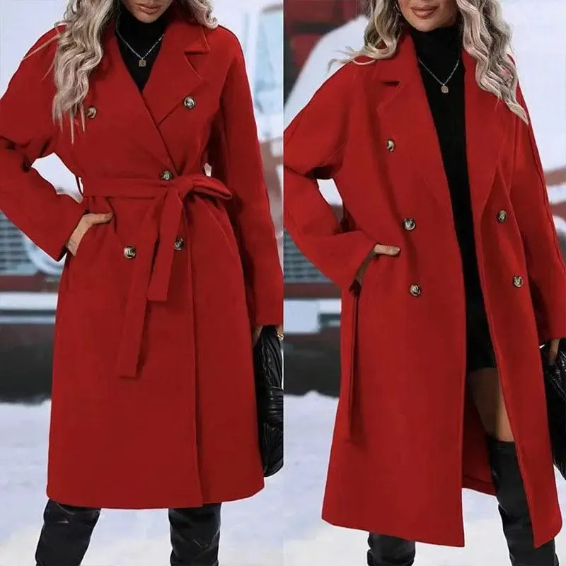 Lapel Double-breasted Trench Coat With Belt Winter Fashion Solid Color Long Jacket Outwear Lapel trench coat