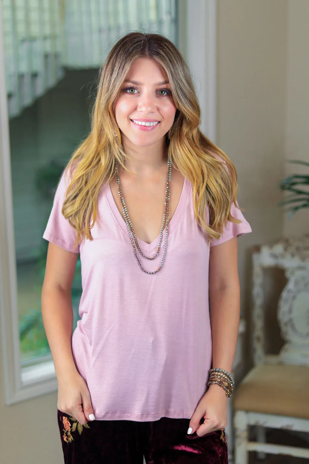 Last Chance Size Small | Sugar and Spice Deep V-Neck Short Sleeve Tee in Dusty Rose Pink | ONLY 1 LEFT!