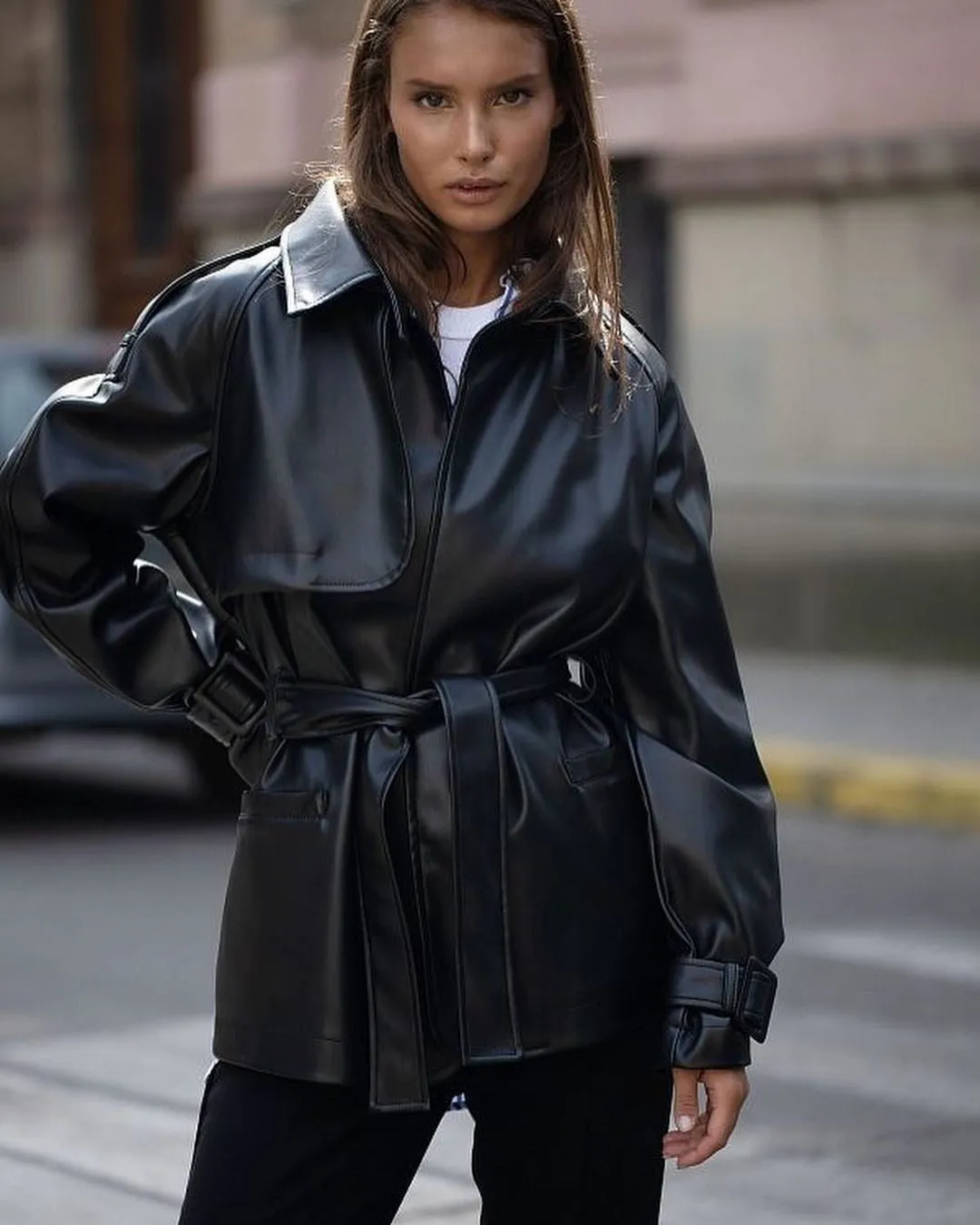 Leather-Effect Short Trench Coat