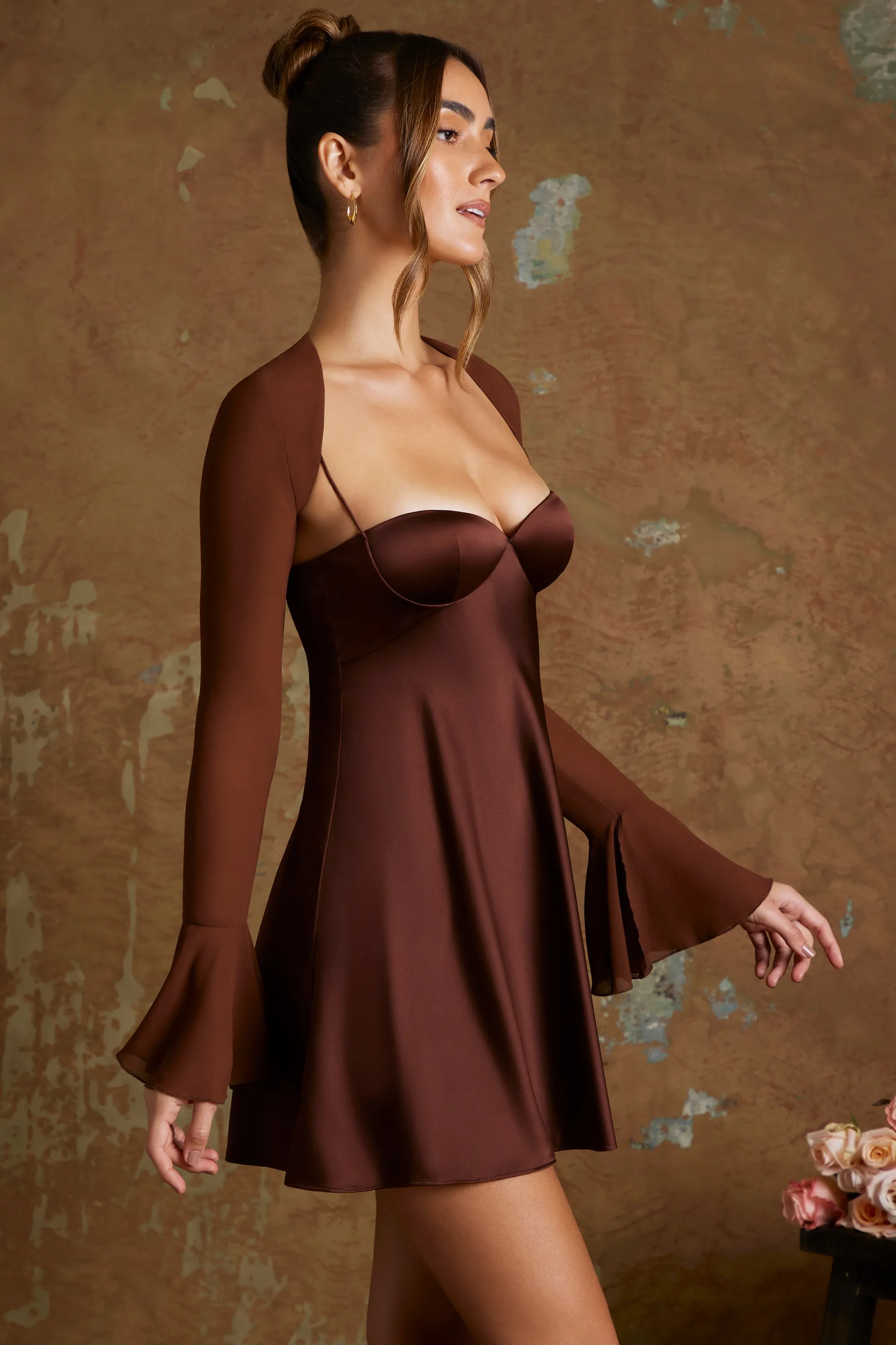 Long Flared Sleeve Shrug in Brown