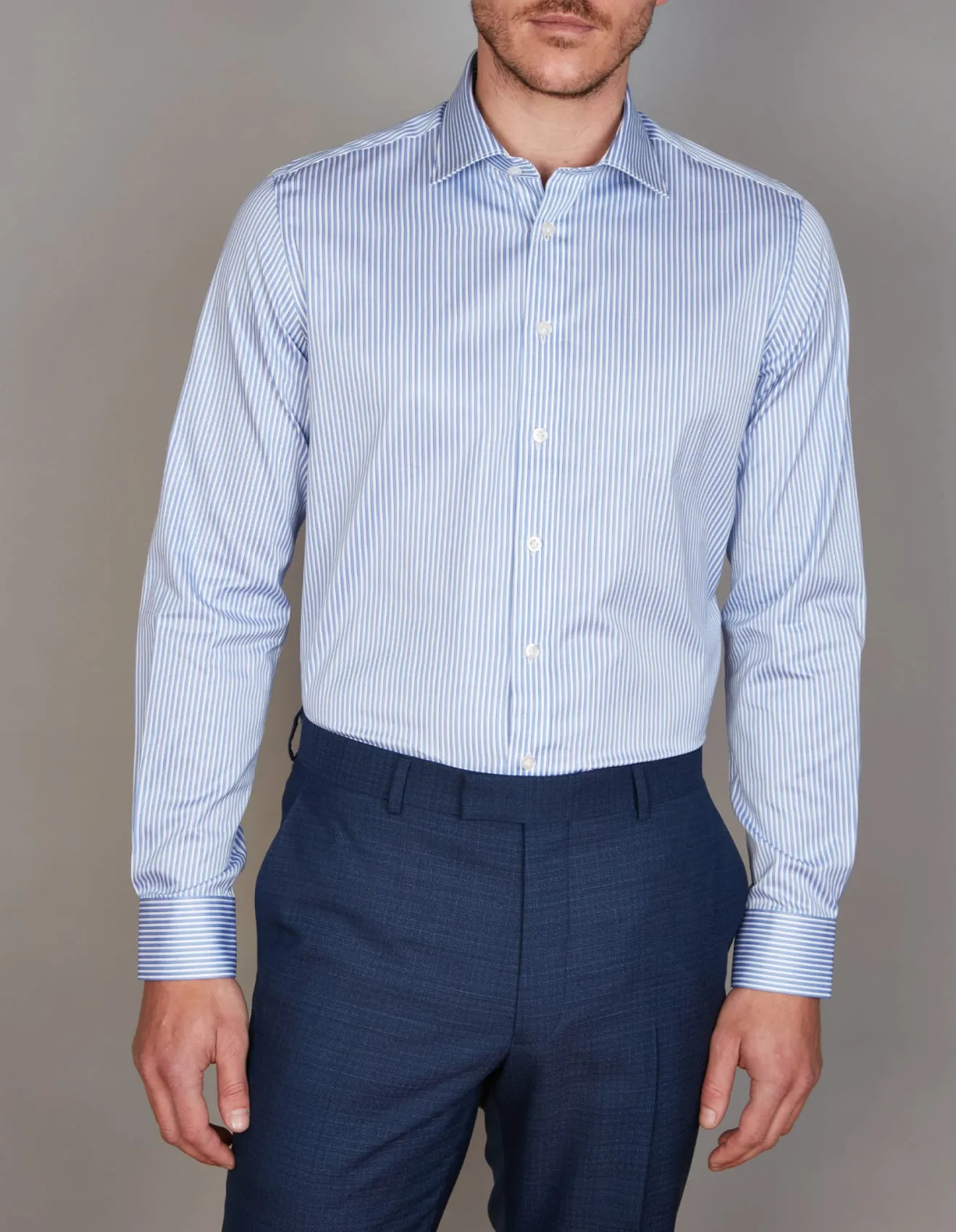 Long Sleeve Business Shirt - Stripe - Royal Blue & White