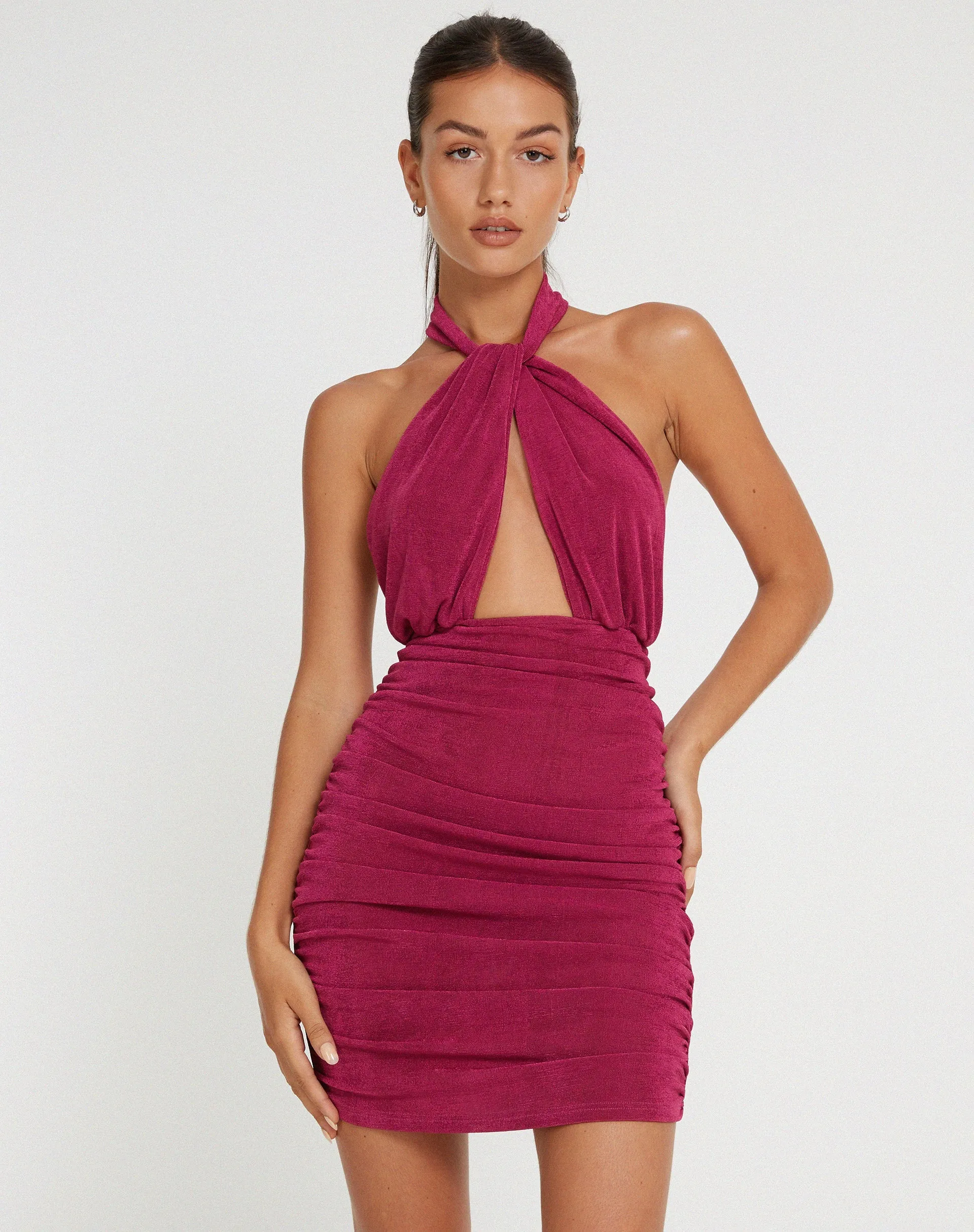 Marbella Halterneck Mini Dress in Magenta Purple