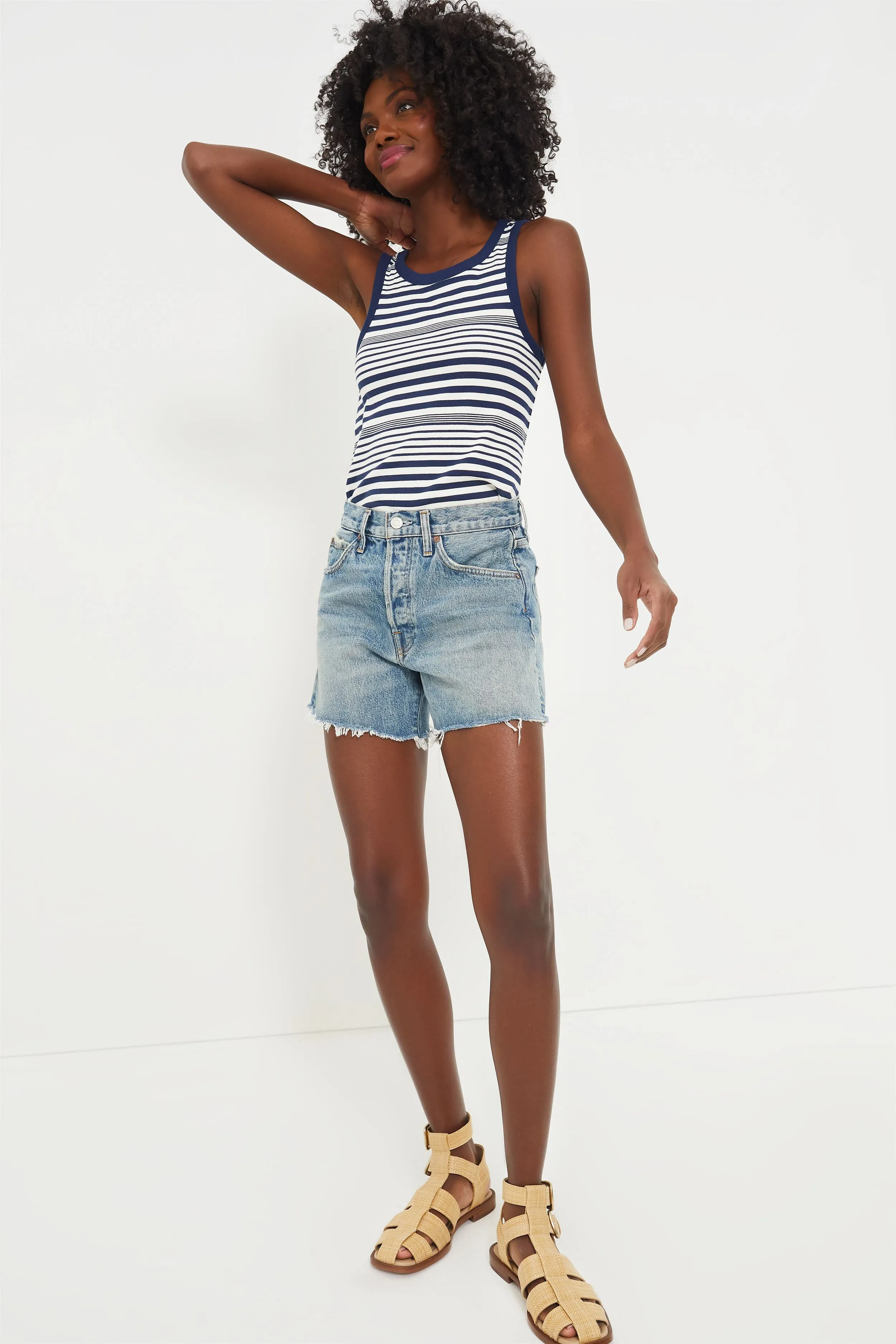 Marshmallow and Navy Stripe Heritage Rib Tank