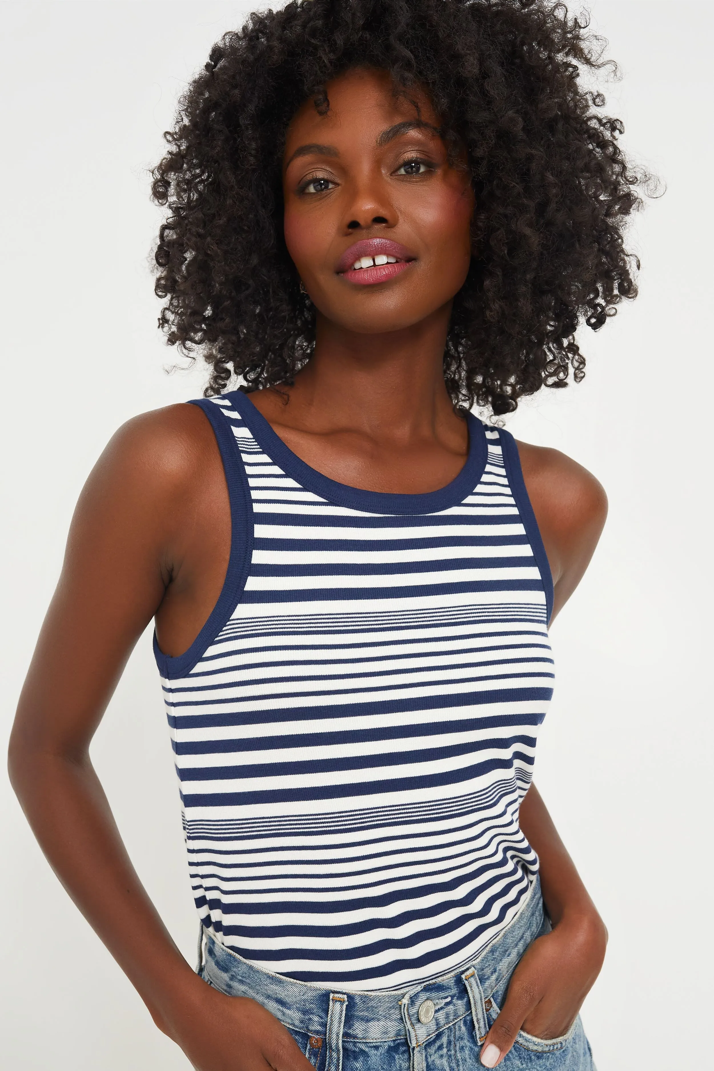 Marshmallow and Navy Stripe Heritage Rib Tank