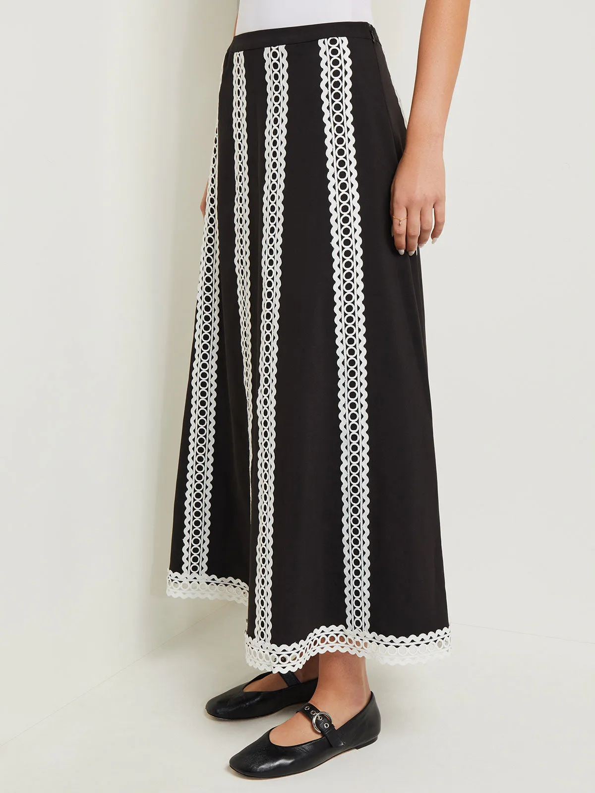 Maxi A-Line Skirt - Eyelet Trim Woven Twill