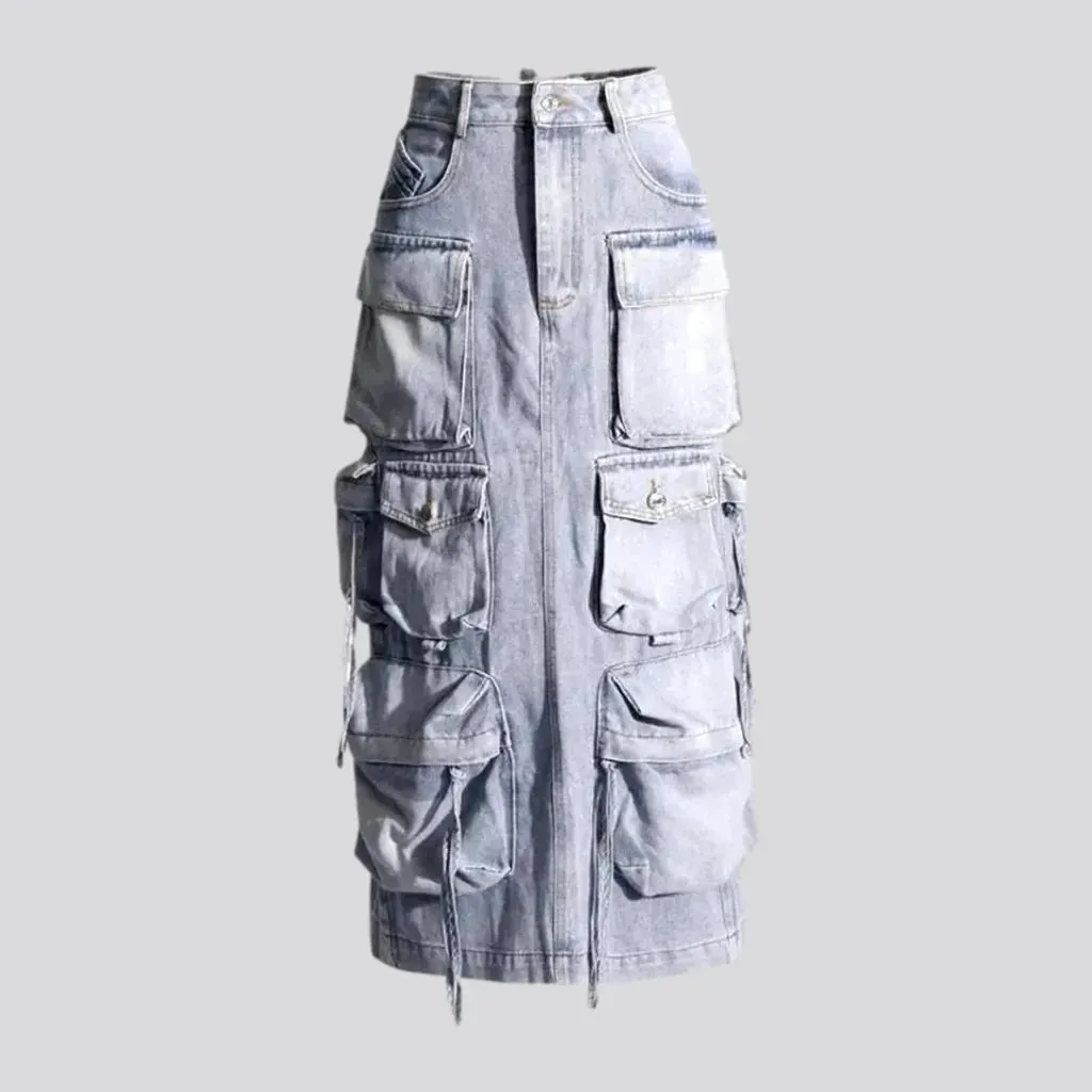 Maxi length cargo pockets jeans skirt