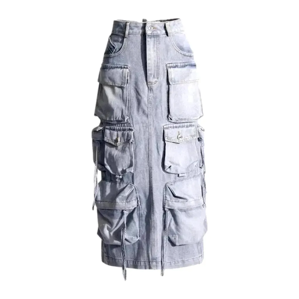 Maxi length cargo pockets jeans skirt