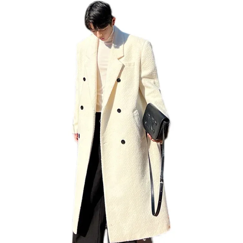 Men Woolen Coat Autumn Winter Korean Fashion Versatile Thickened Double Breasted Solid Color Male Trench Overknee