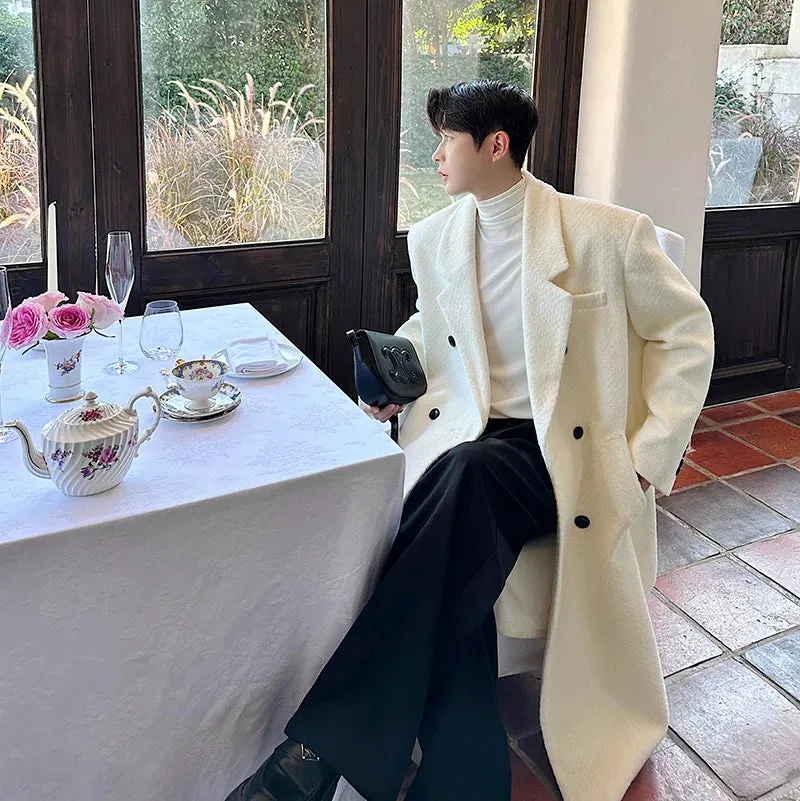 Men Woolen Coat Autumn Winter Korean Fashion Versatile Thickened Double Breasted Solid Color Male Trench Overknee