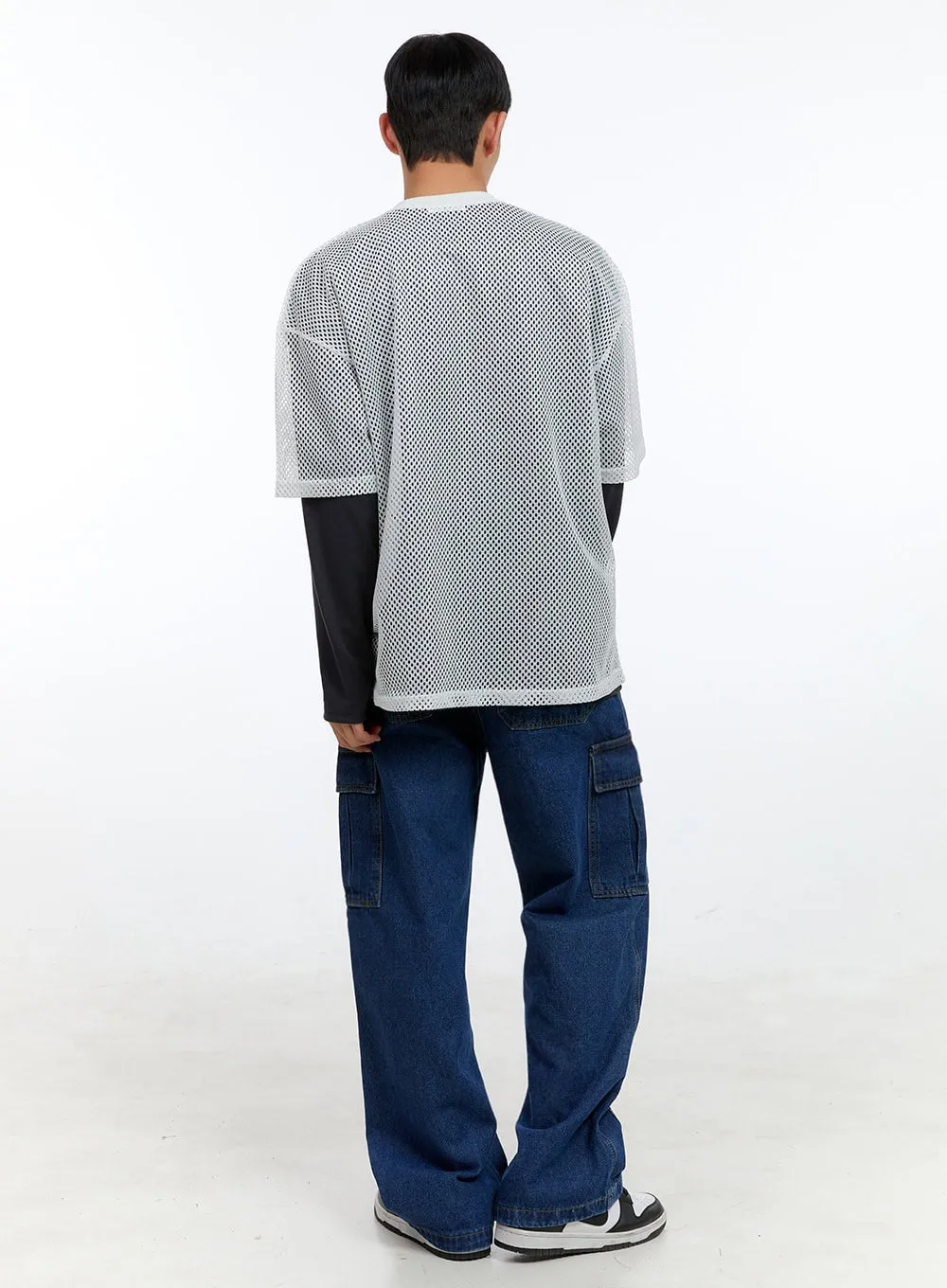 Men's Cargo Pocket Denim Wide-Leg Pants (Dark blue) IG416