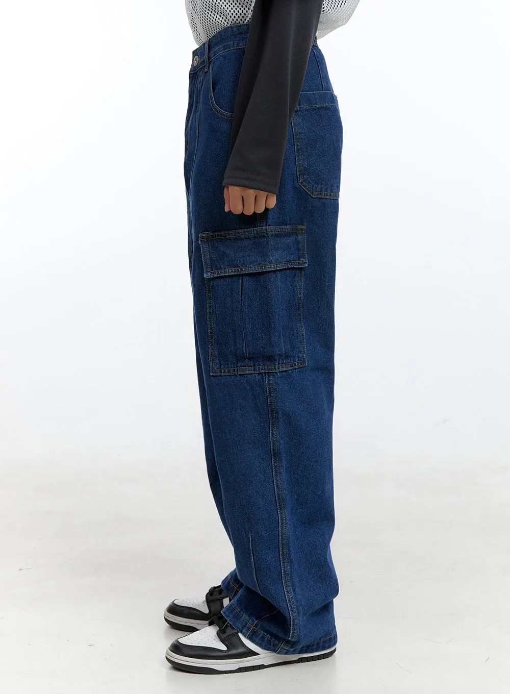 Men's Cargo Pocket Denim Wide-Leg Pants (Dark blue) IG416