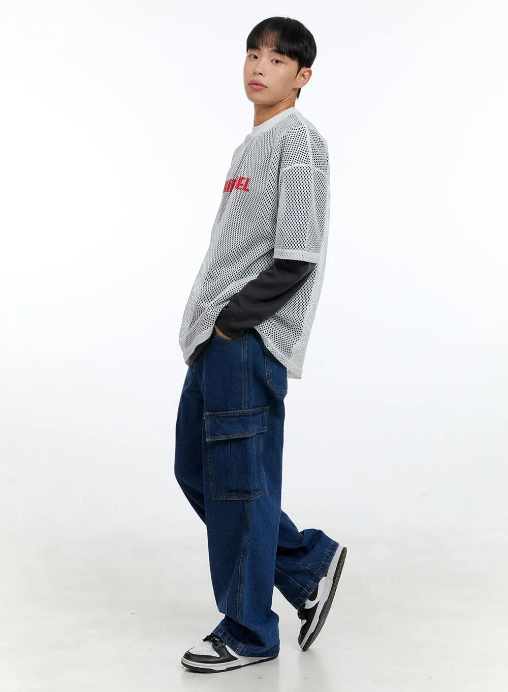 Men's Cargo Pocket Denim Wide-Leg Pants (Dark blue) IG416