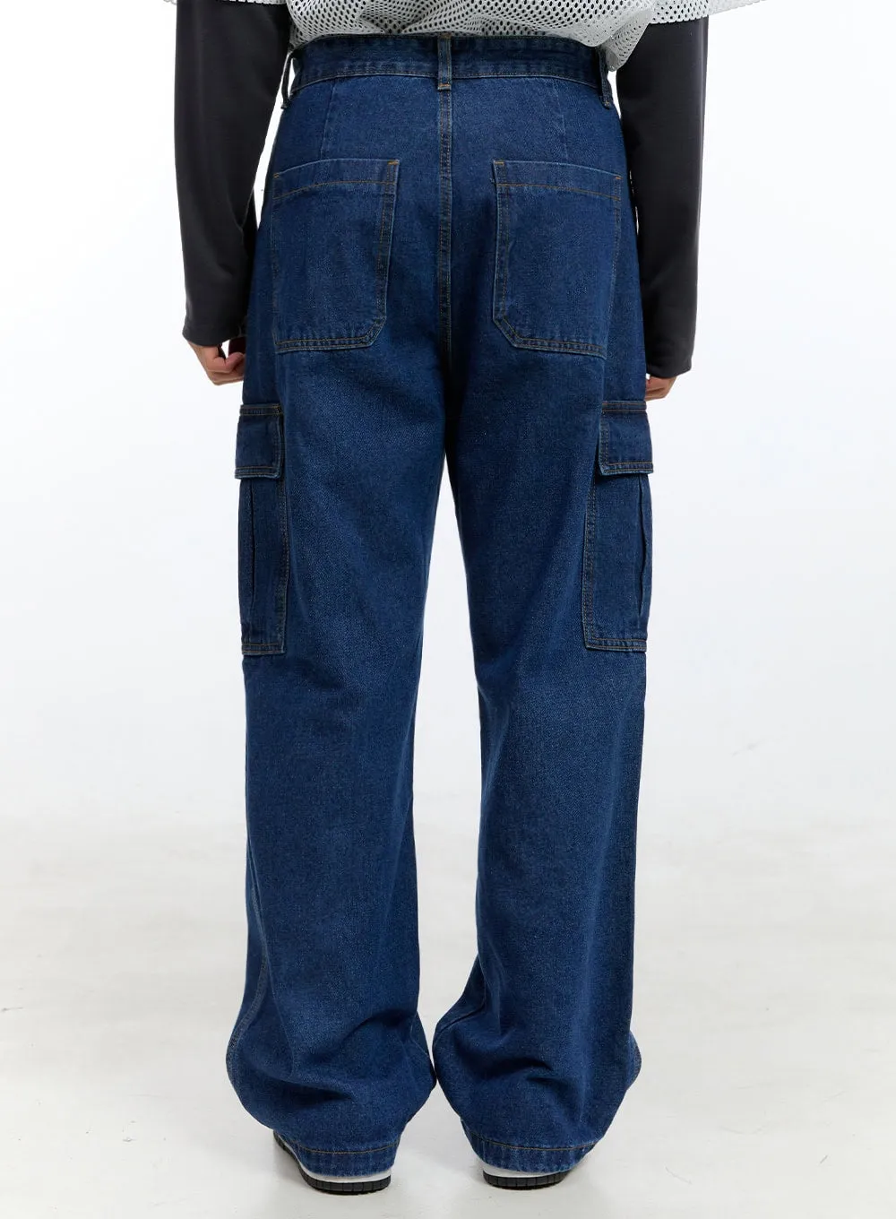 Men's Cargo Pocket Denim Wide-Leg Pants (Dark blue) IG416