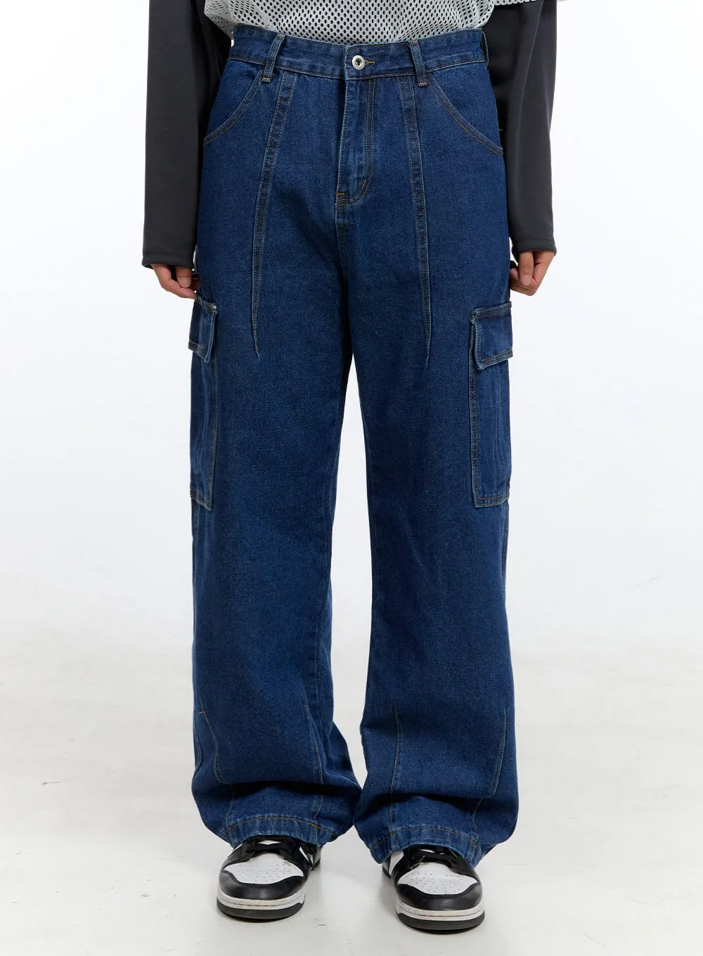 Men's Cargo Pocket Denim Wide-Leg Pants (Dark blue) IG416