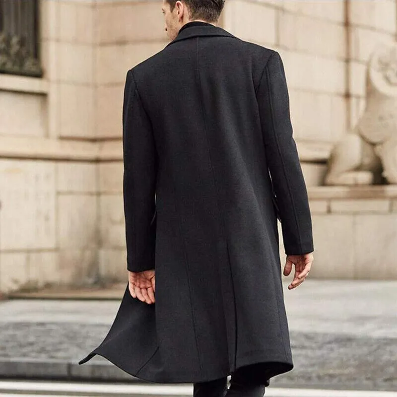 Men's Fashion Business Style Long Single-breasted Lapel Overcoat