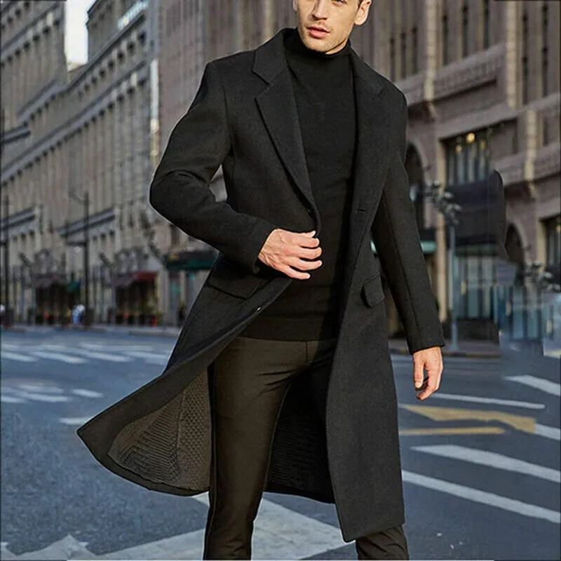 Men's Fashion Business Style Long Single-breasted Lapel Overcoat