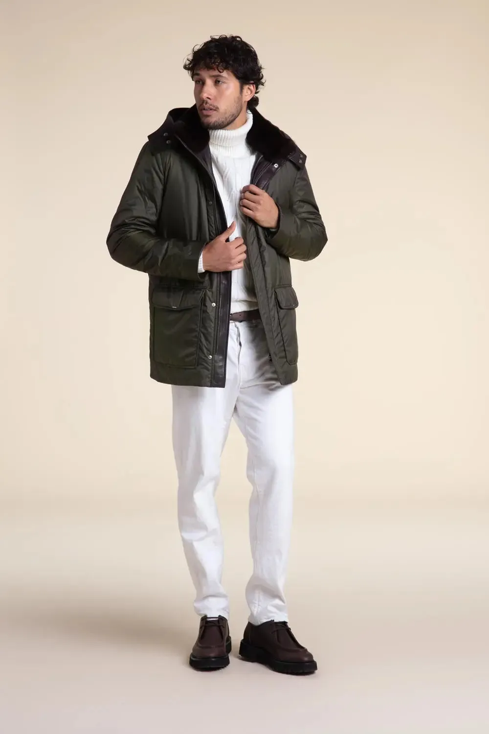 Mens green parka coats with fur hood