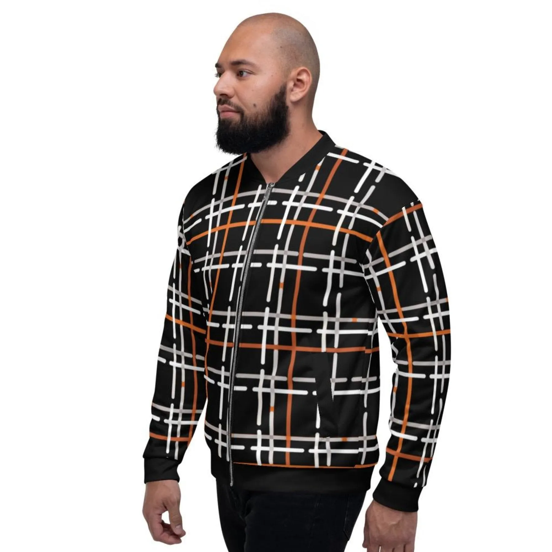 Mens Jacket - Tartan Plaid Colorblock Bomber Jacket Black/Multicolor