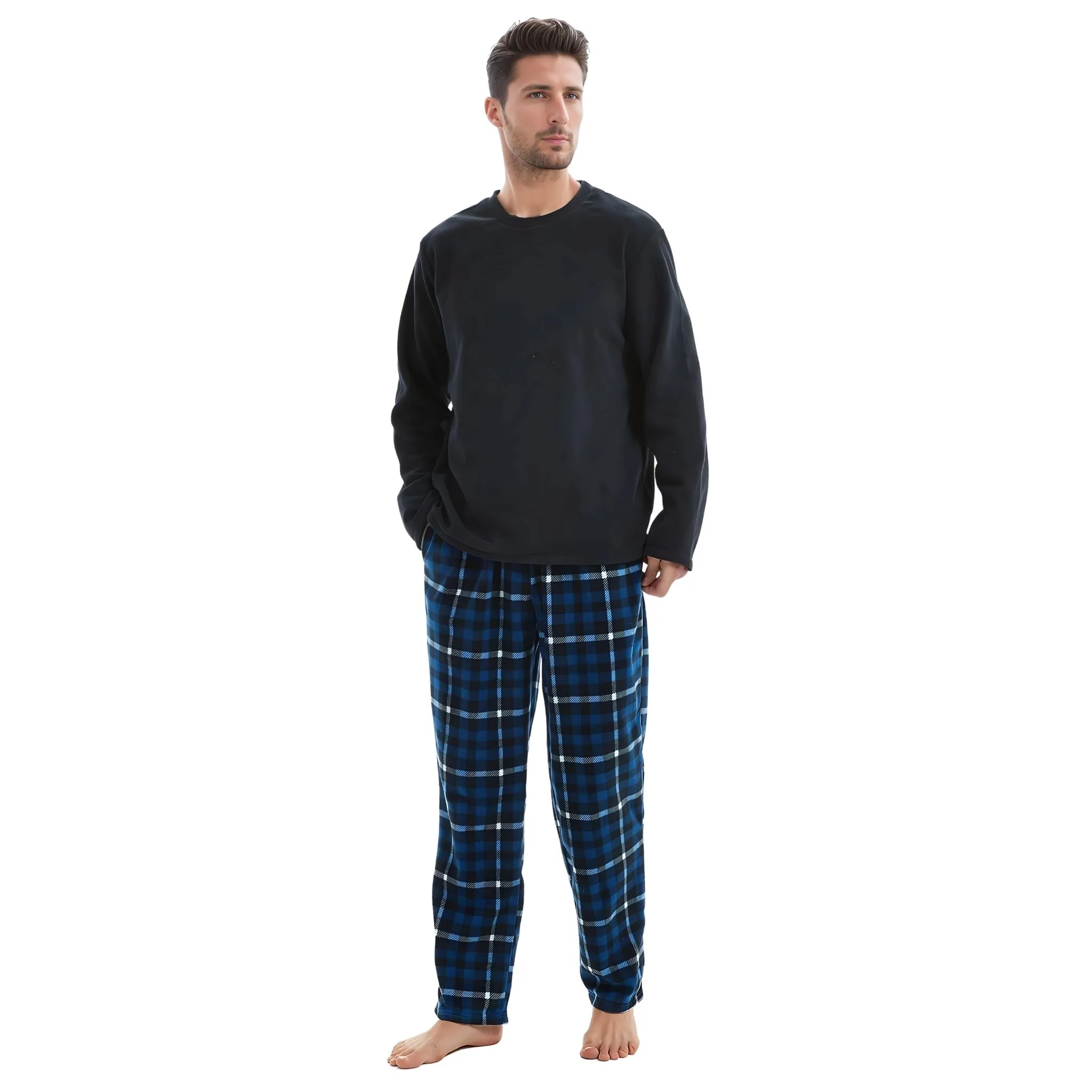 Mens Thermal Fleece Pyjama Set, Luxury Long Sleeve Pyjamas Navy Checked