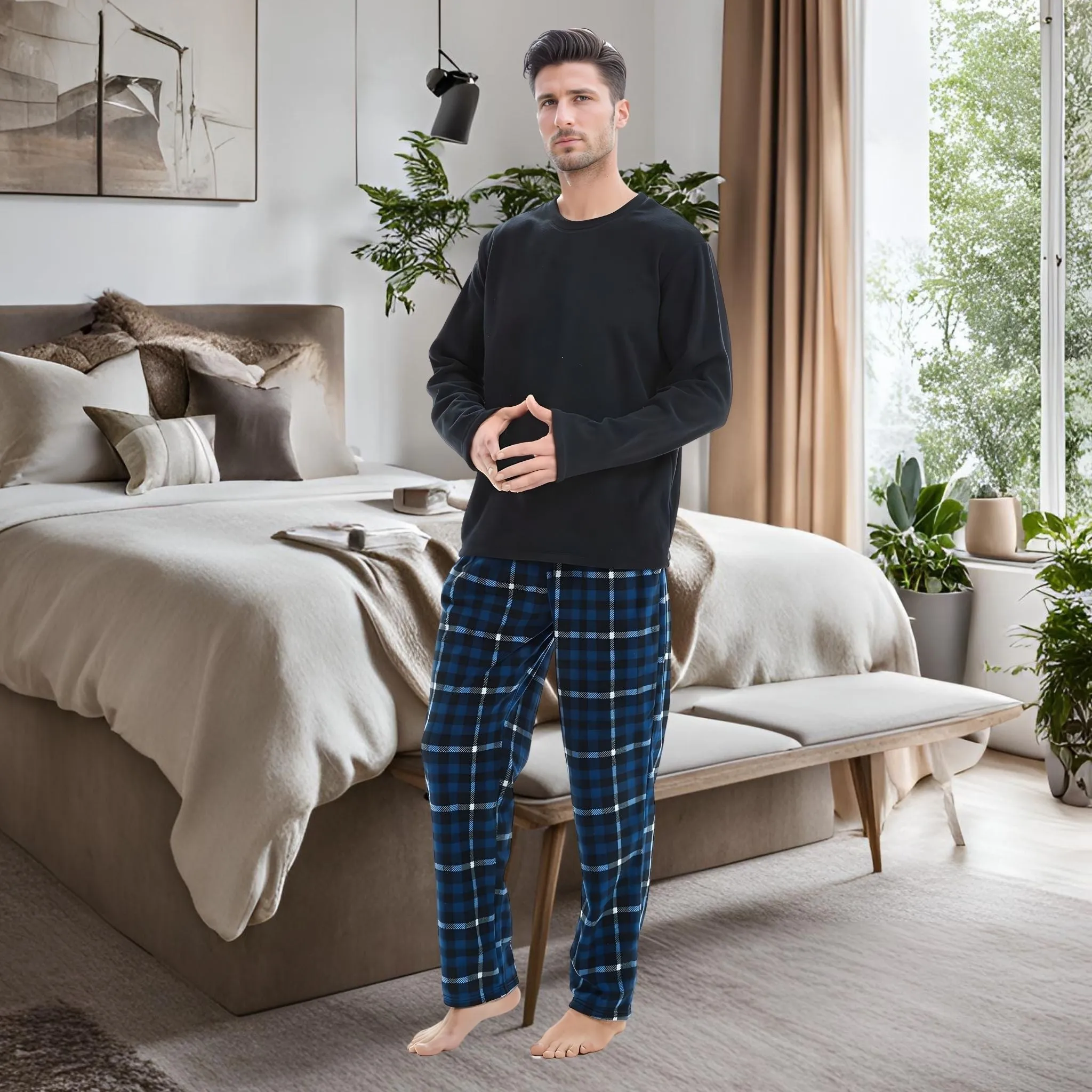 Mens Thermal Fleece Pyjama Set, Luxury Long Sleeve Pyjamas Navy Checked