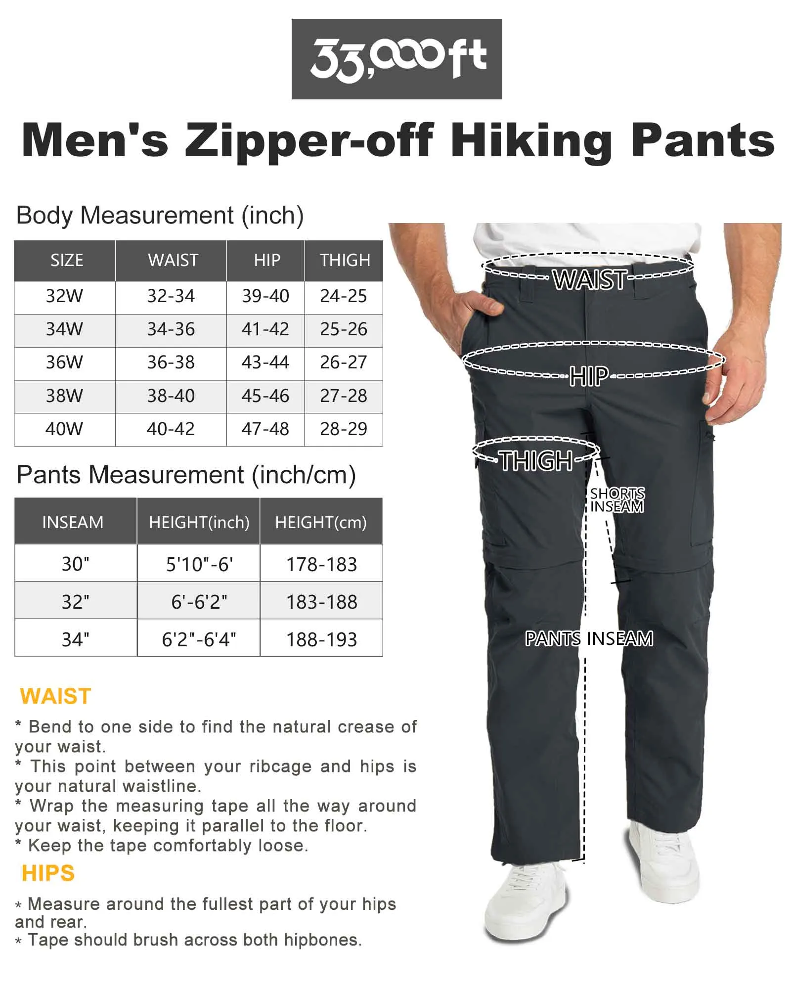 Men's UPF 40  Convertible Zip Off Hiking Pants with 6 Pockets