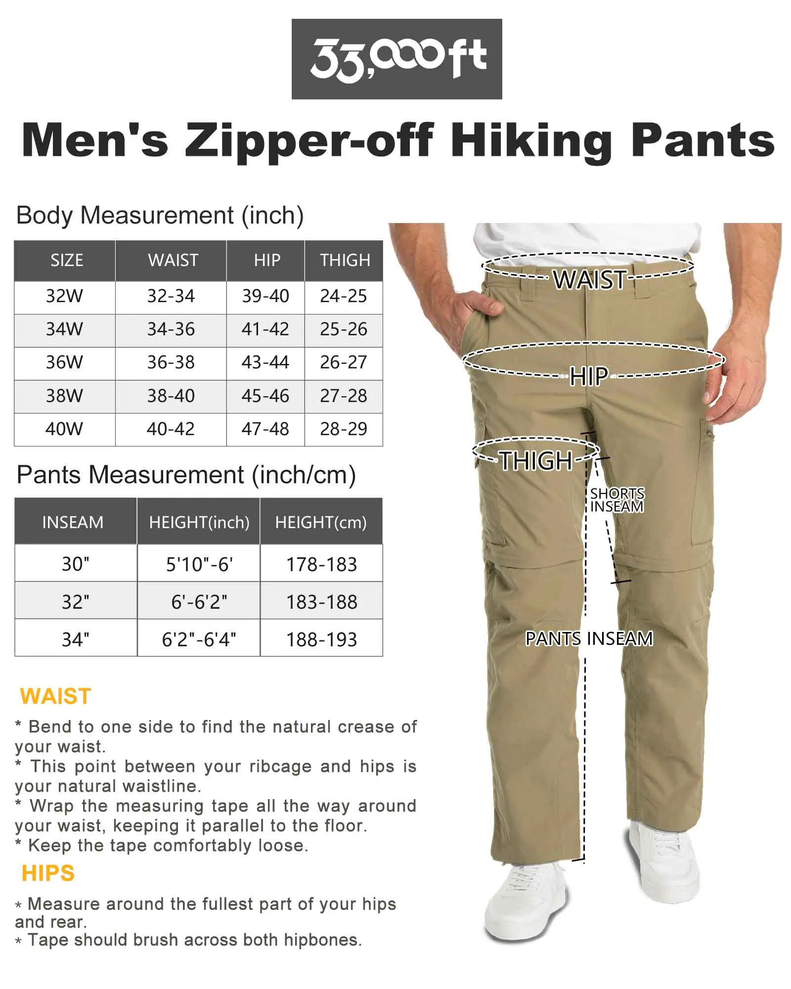 Men's UPF 40  Convertible Zip Off Hiking Pants with 6 Pockets