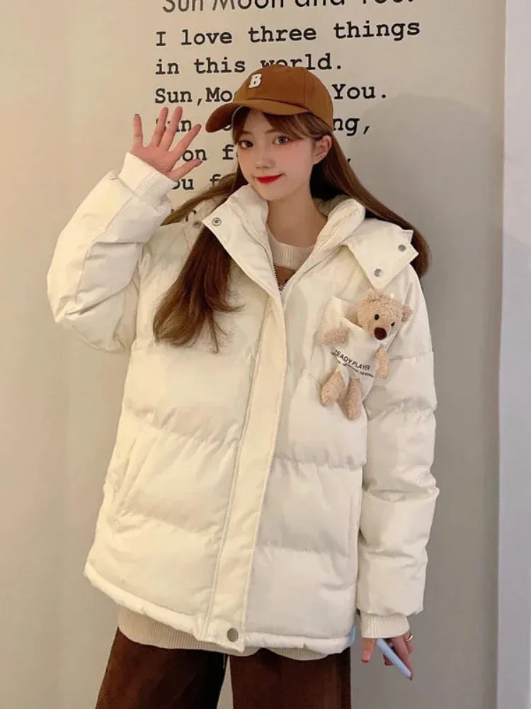 Metaversmall Pink Cartoon Bear Appliques Jacket Parka Women Winter Hooded Coat Warm Casual Parkas Long Sleeve Cotton Liner Thick Outwear