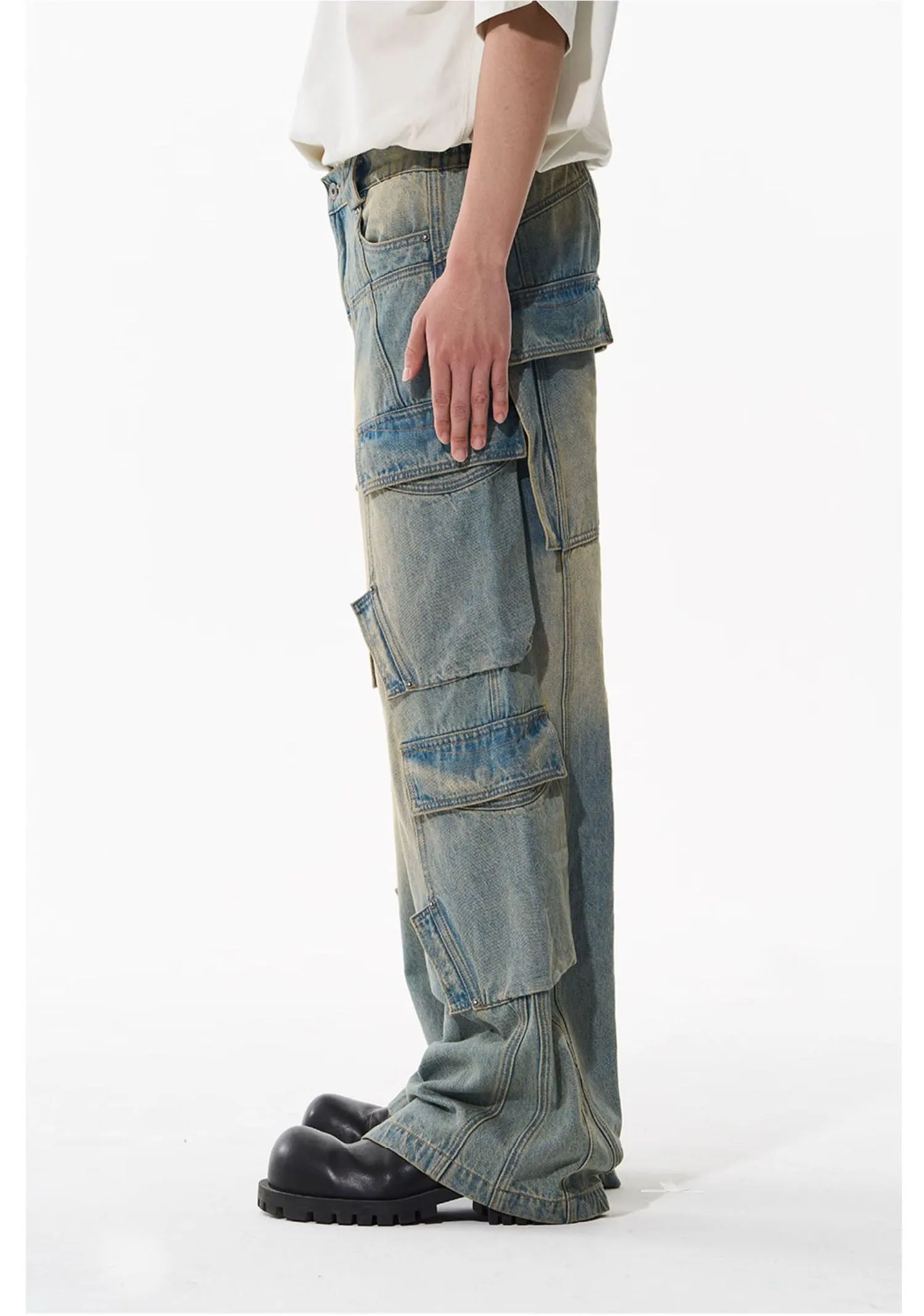 Mid-rise denim cargo pants