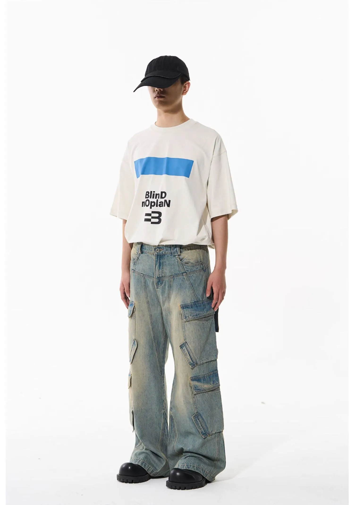 Mid-rise denim cargo pants