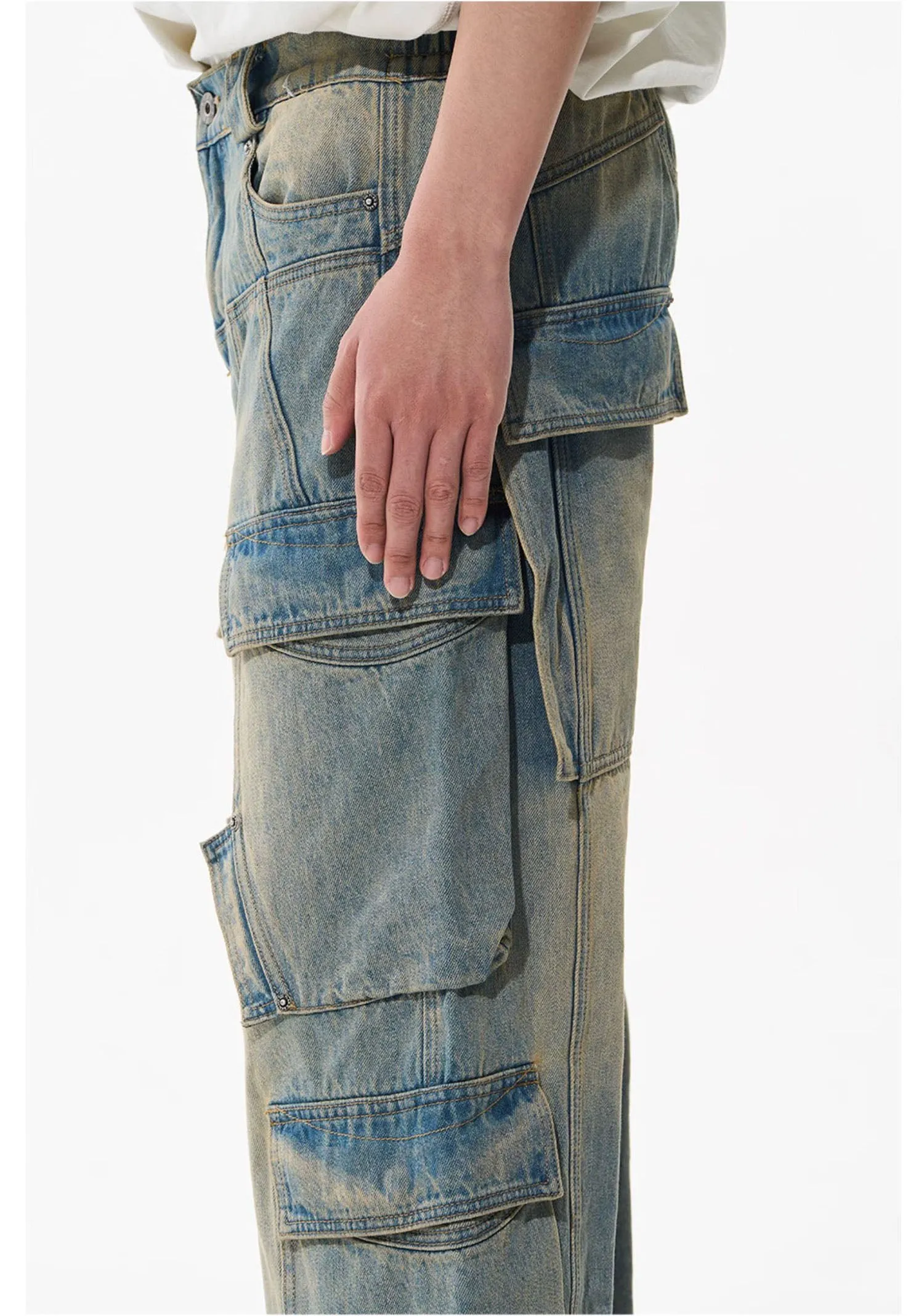 Mid-rise denim cargo pants