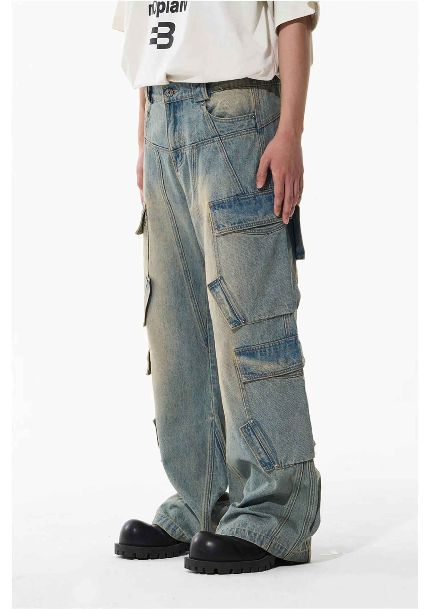 Mid-rise denim cargo pants