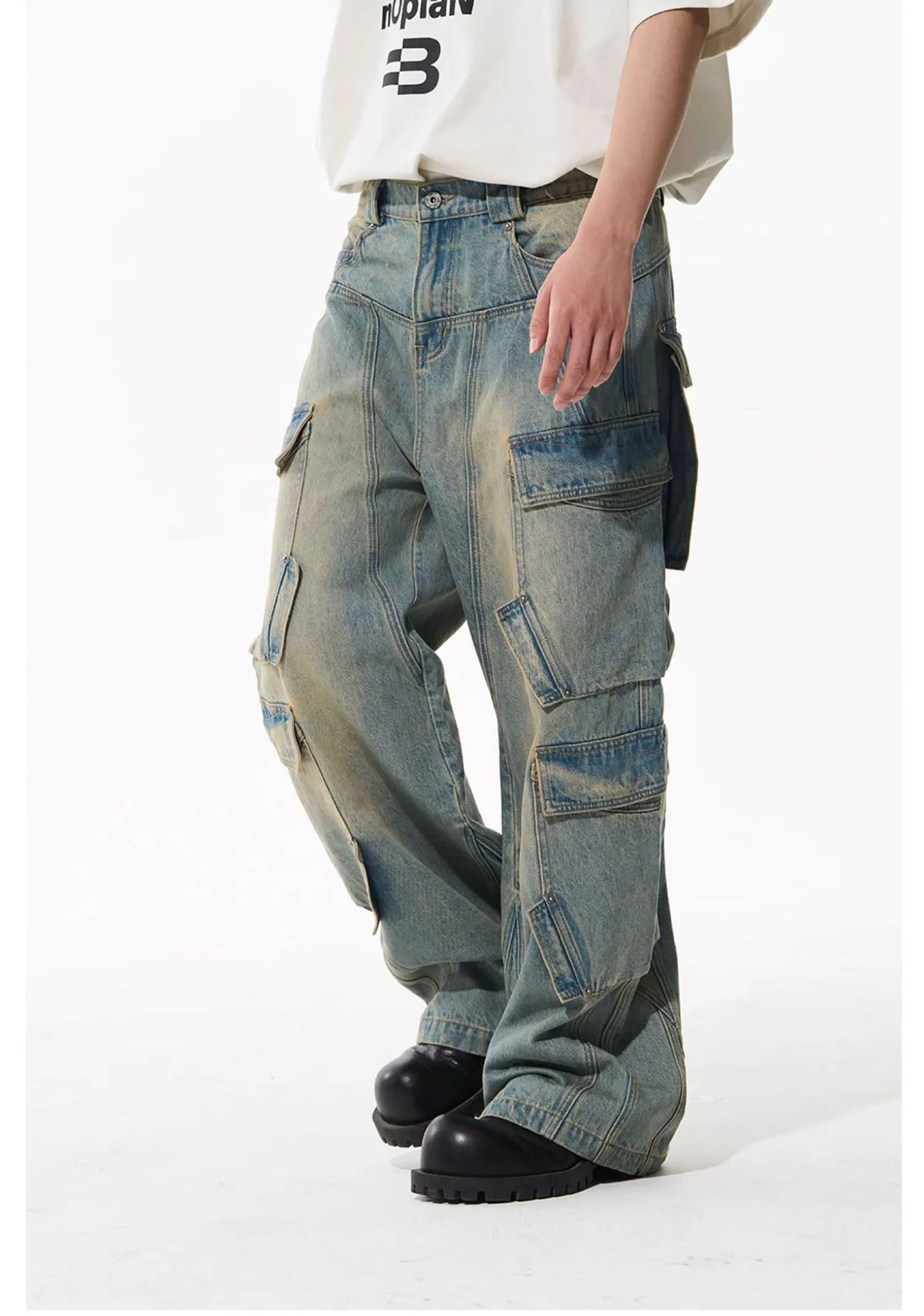 Mid-rise denim cargo pants