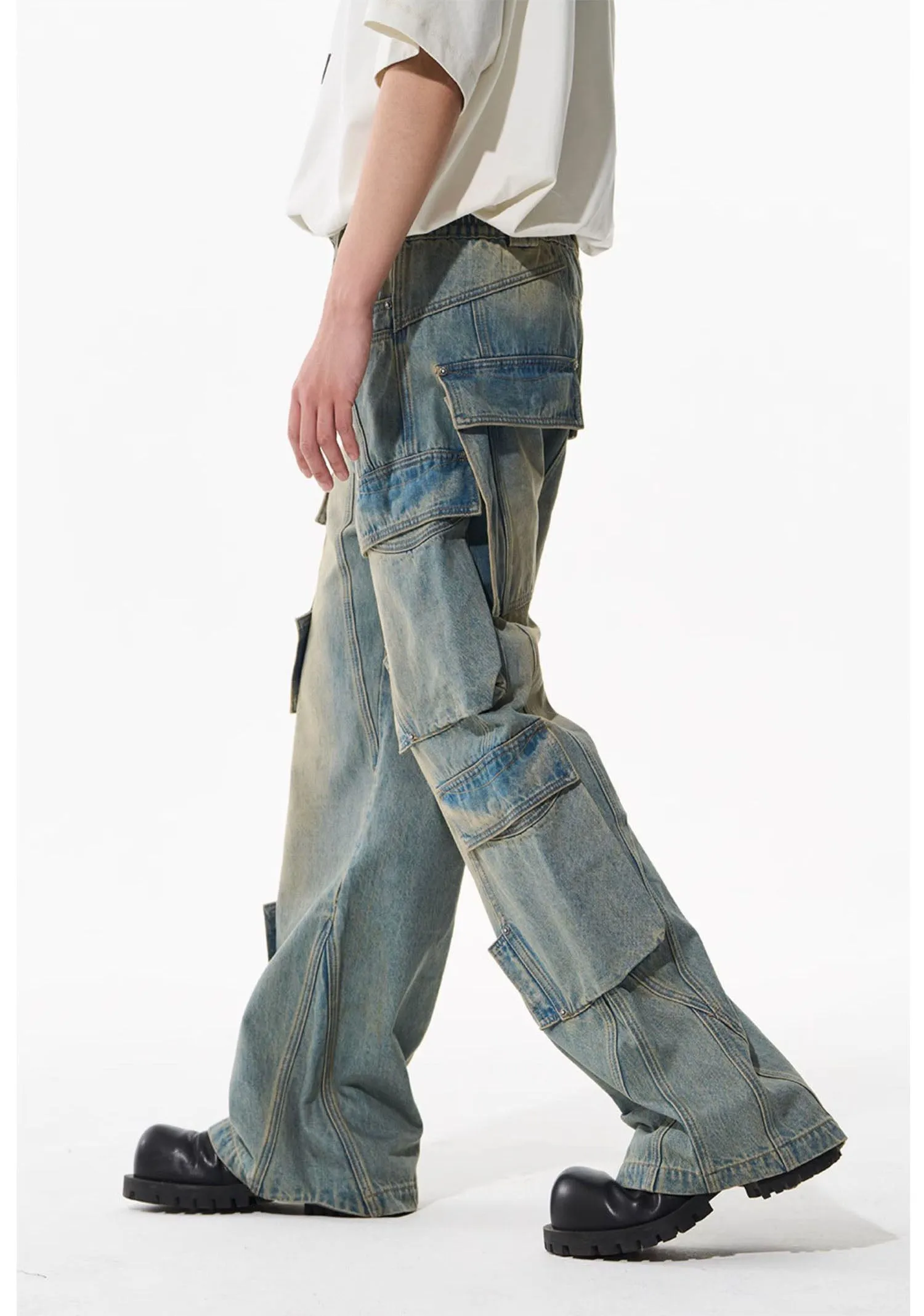 Mid-rise denim cargo pants