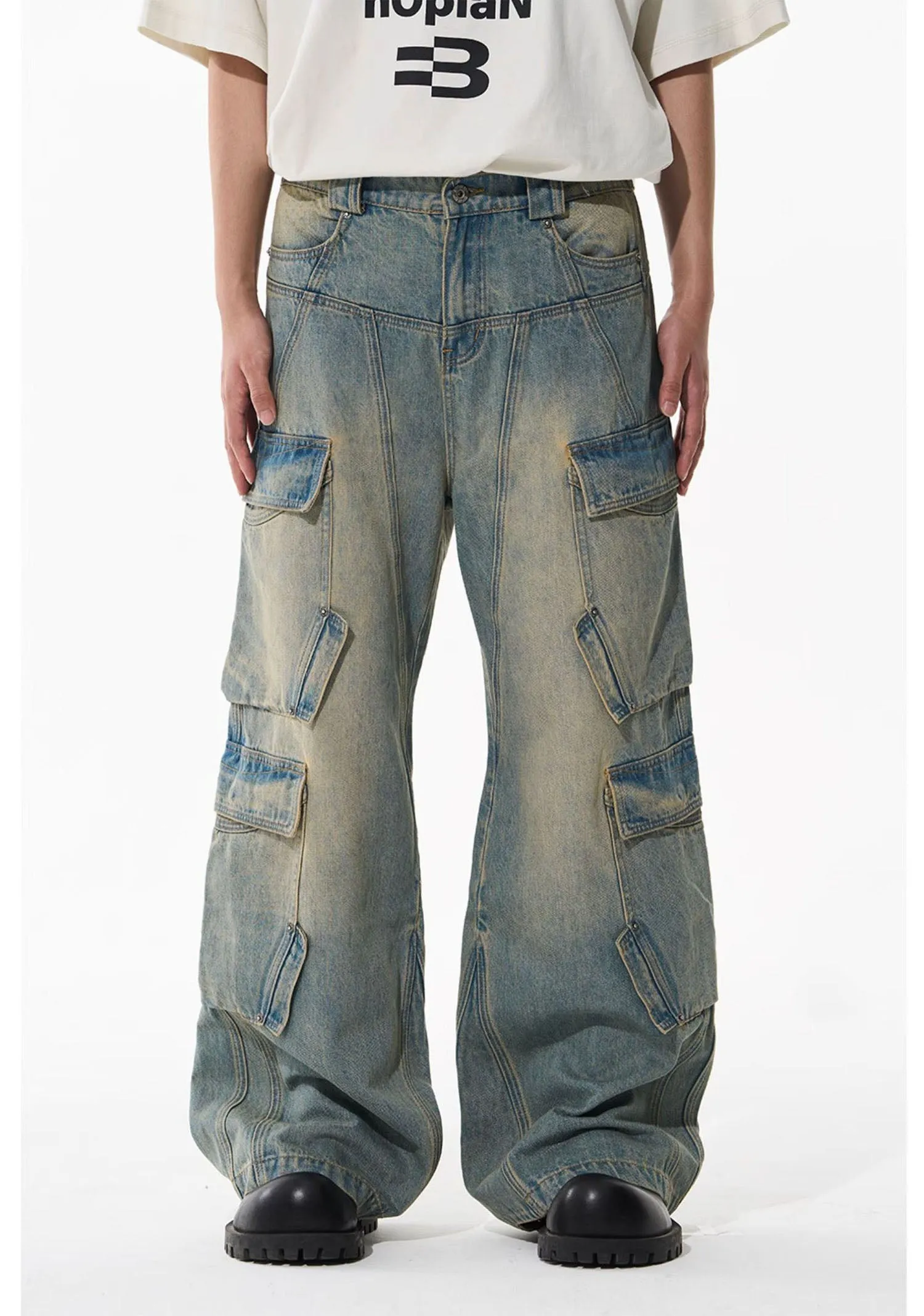 Mid-rise denim cargo pants