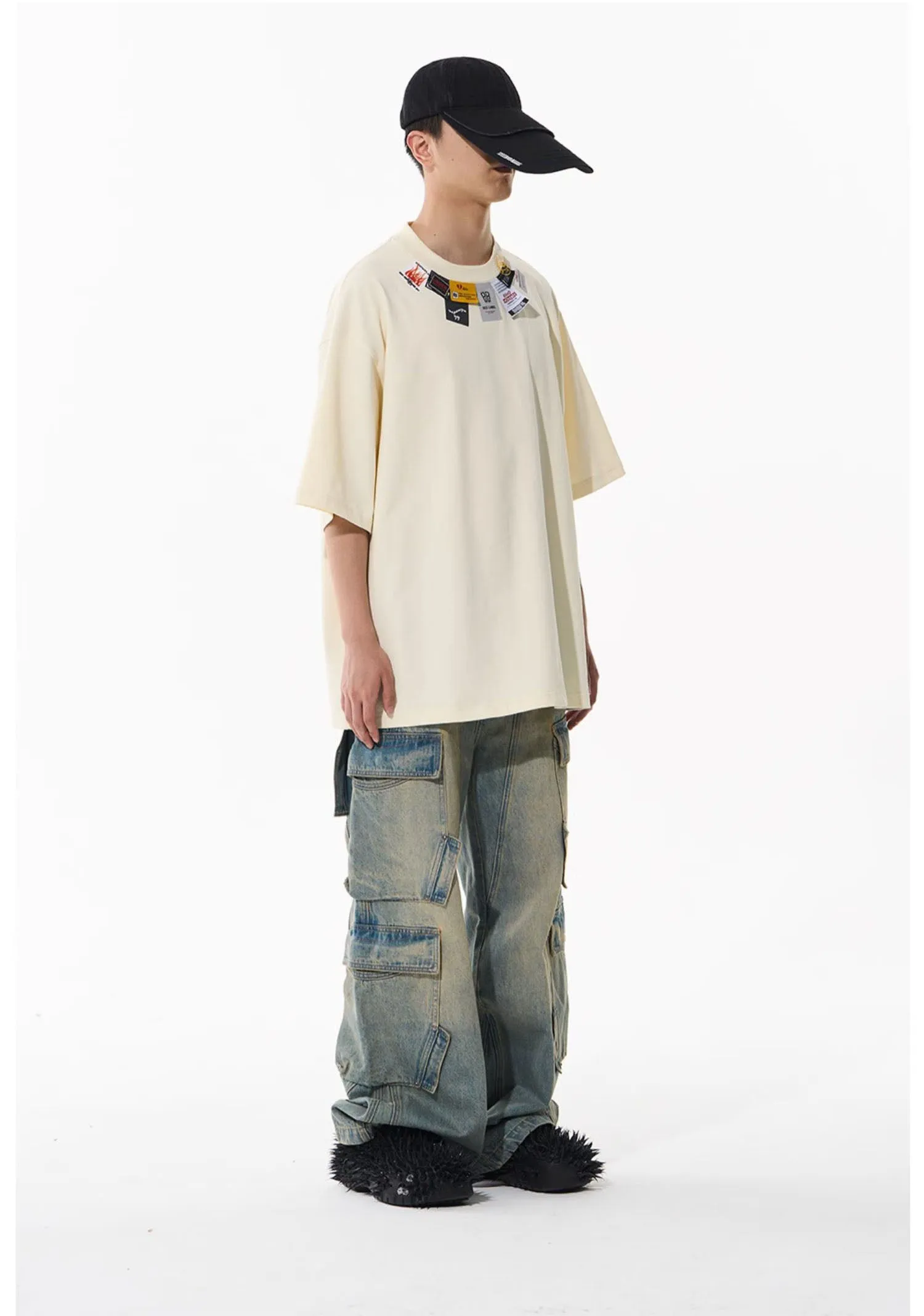 Mid-rise denim cargo pants