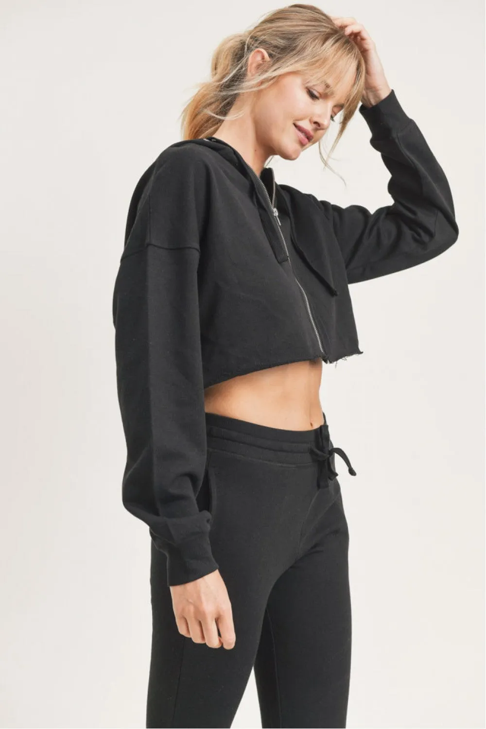 Mono B Crop Hoodie Zip-Up French Terry - Black