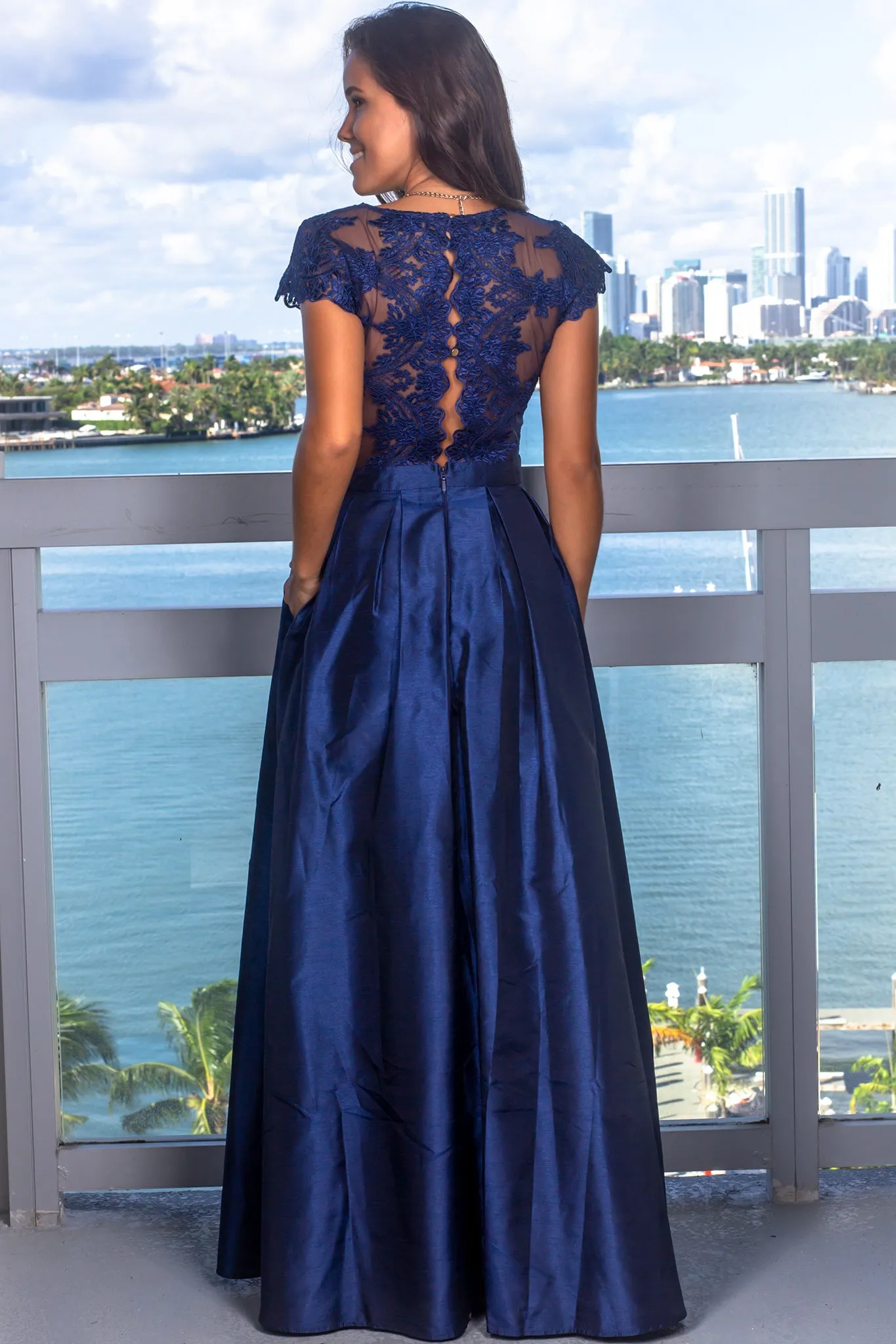 Navy Short Sleeve Maxi Dress with Embroidered Top