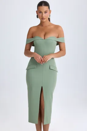 Off-Shoulder Midaxi Dress in Khaki Green