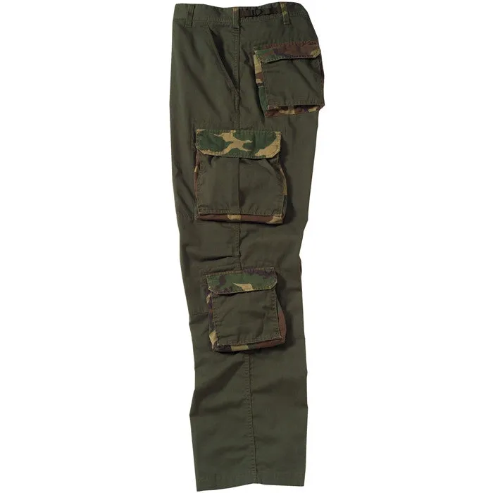 Olive Drab - Military Vintage Fatigue Pants with Woodland Camouflage Army Rigid Accent