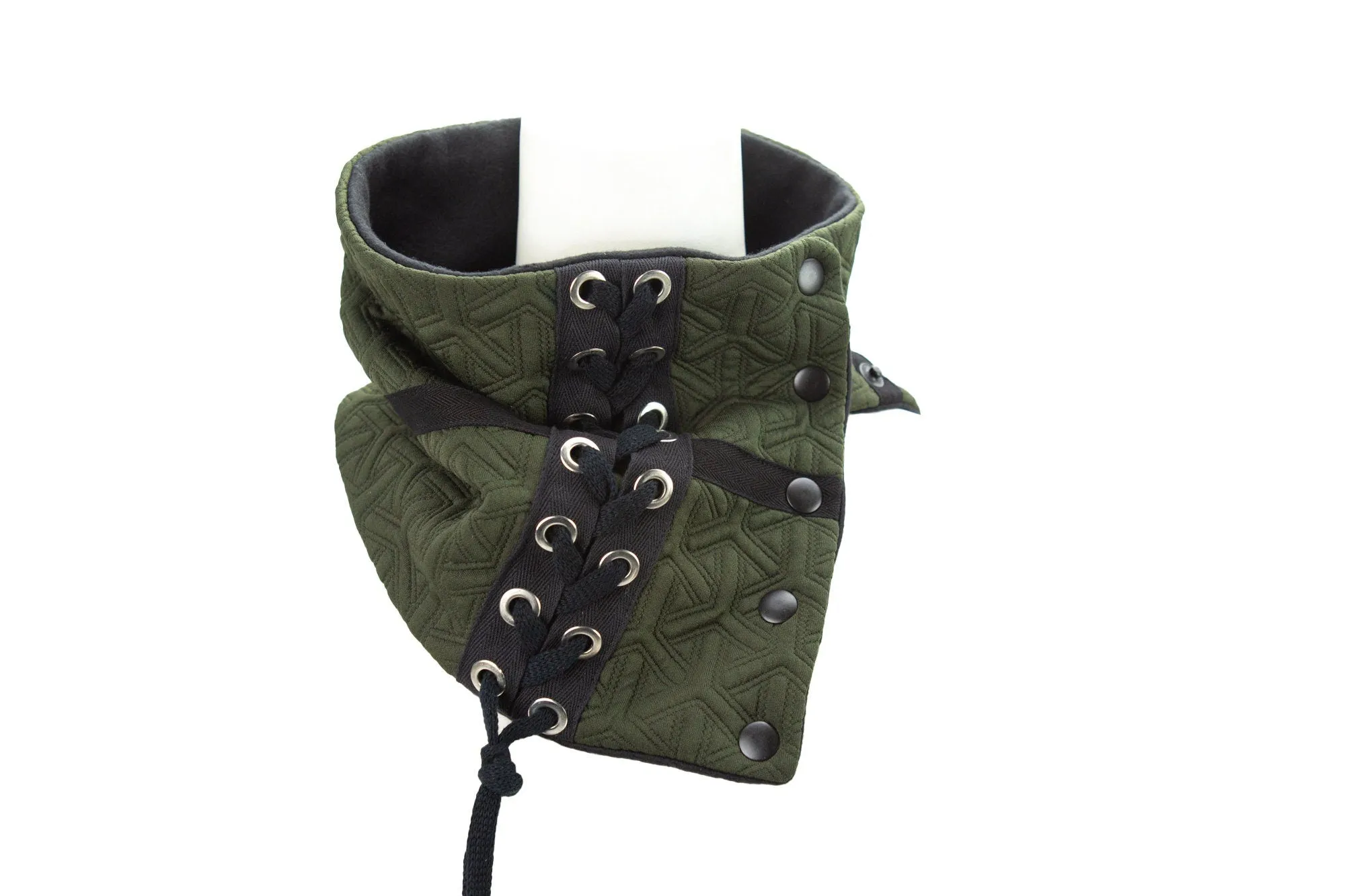 Olive Green Quilted Snap Scarflette Cowl with Grommet Tape