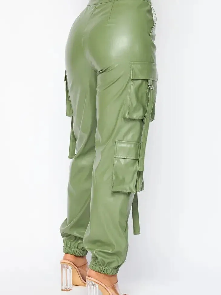 Olive Serendipity Vegan Leather Cargo Pocket Jogger Pants