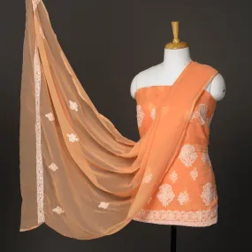 Orange - 3pc Hand Embroidery Georgette Chikankari Dress Material 06