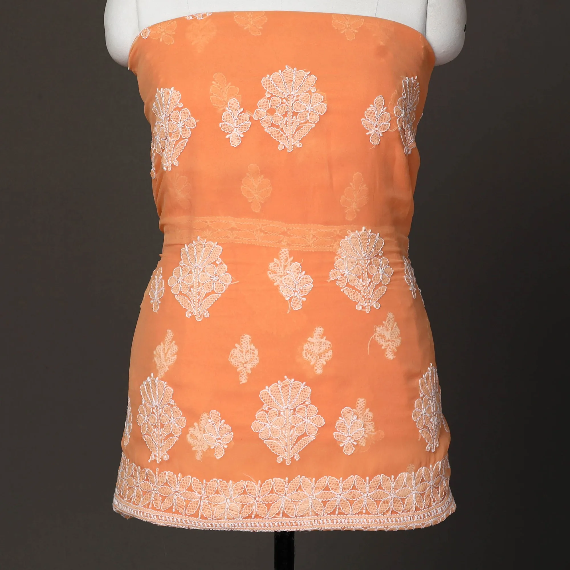 Orange - 3pc Hand Embroidery Georgette Chikankari Dress Material 06