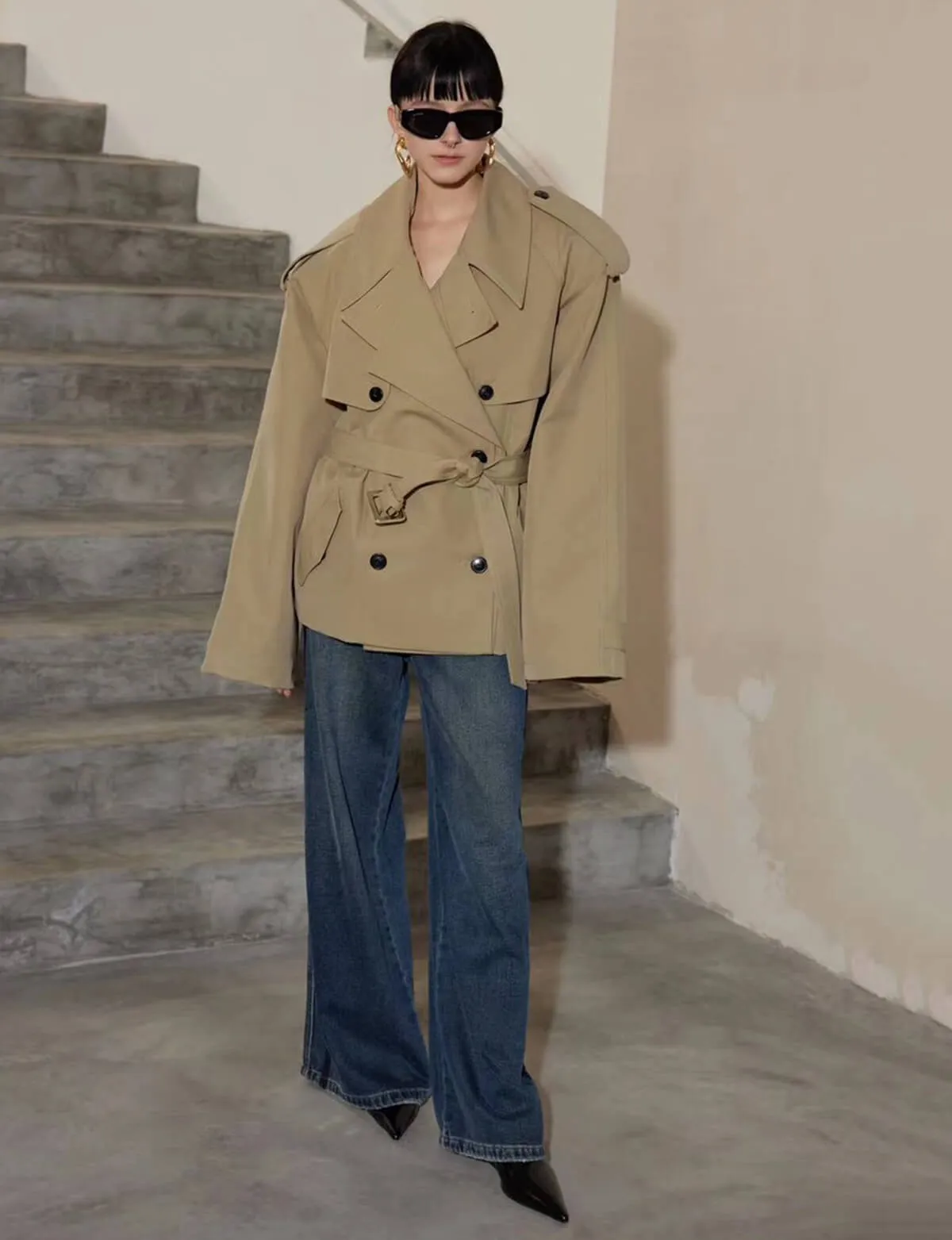 Oversized Cropped Twill Trench Coat