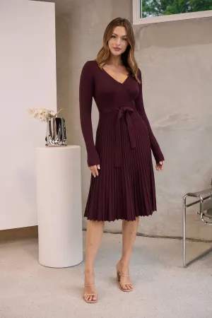 Parker Burgundy Long Sleeve Pleated Knit Midi Dress