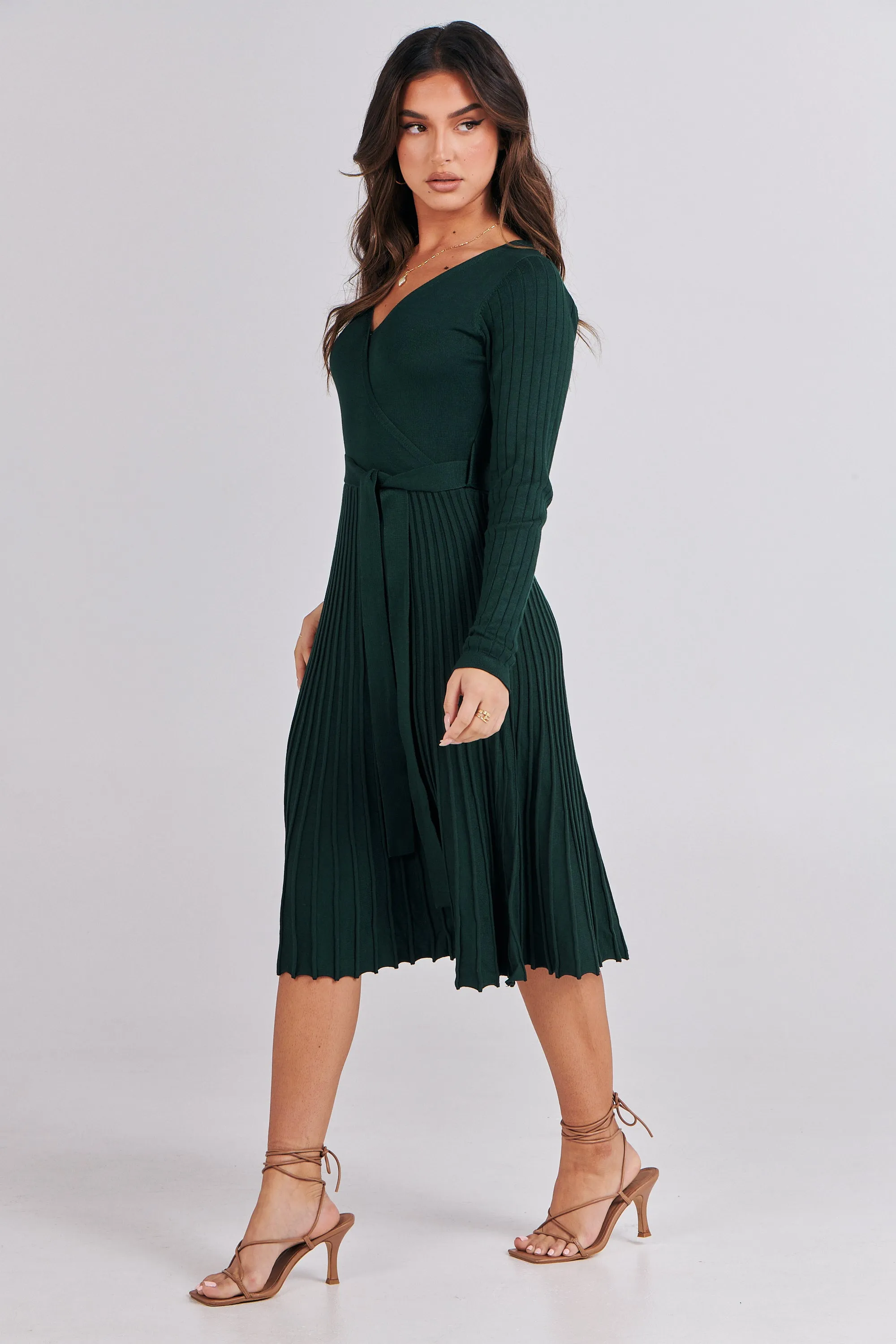 Parker Emerald Long Sleeve Pleated Knit Midi Dress