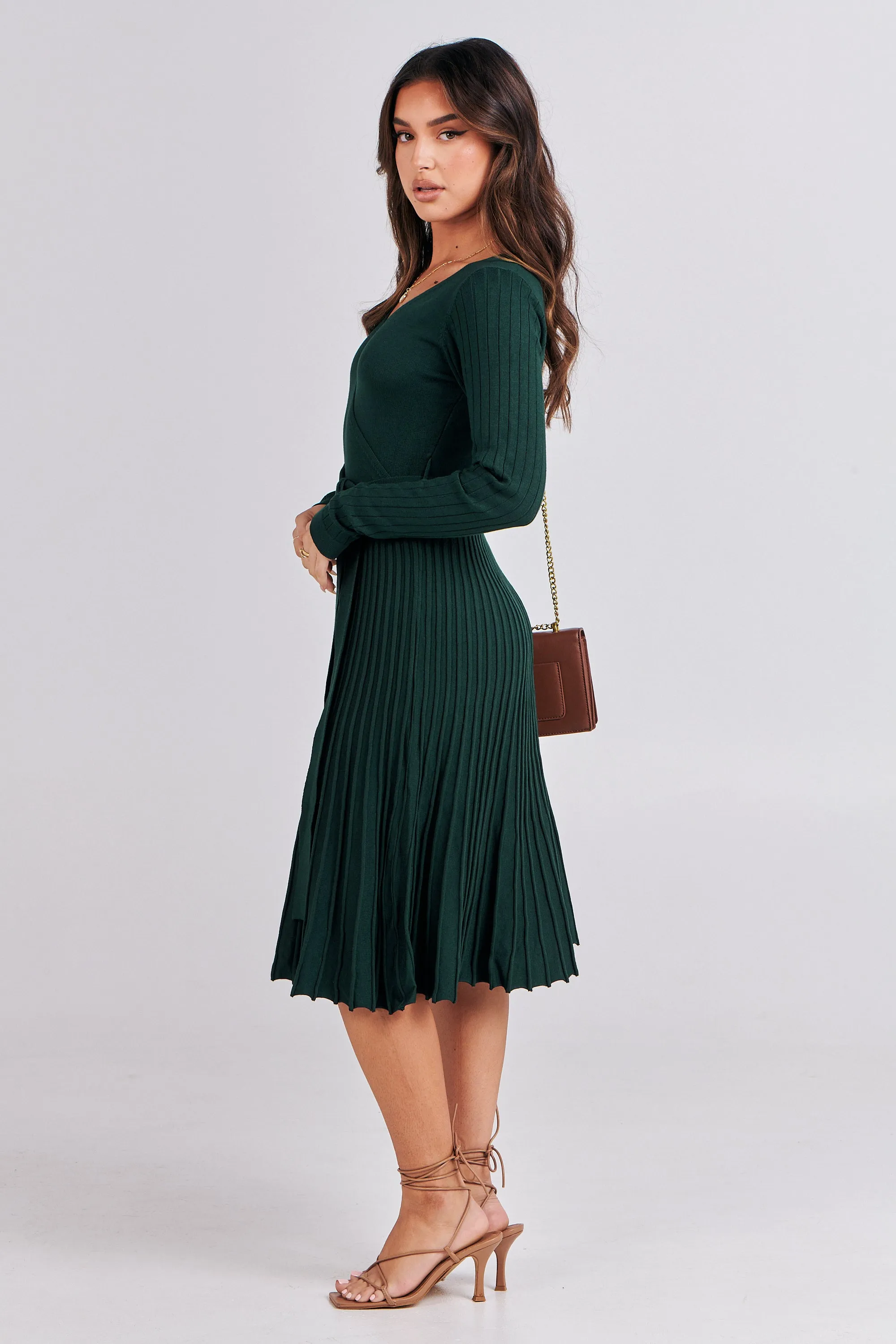 Parker Emerald Long Sleeve Pleated Knit Midi Dress