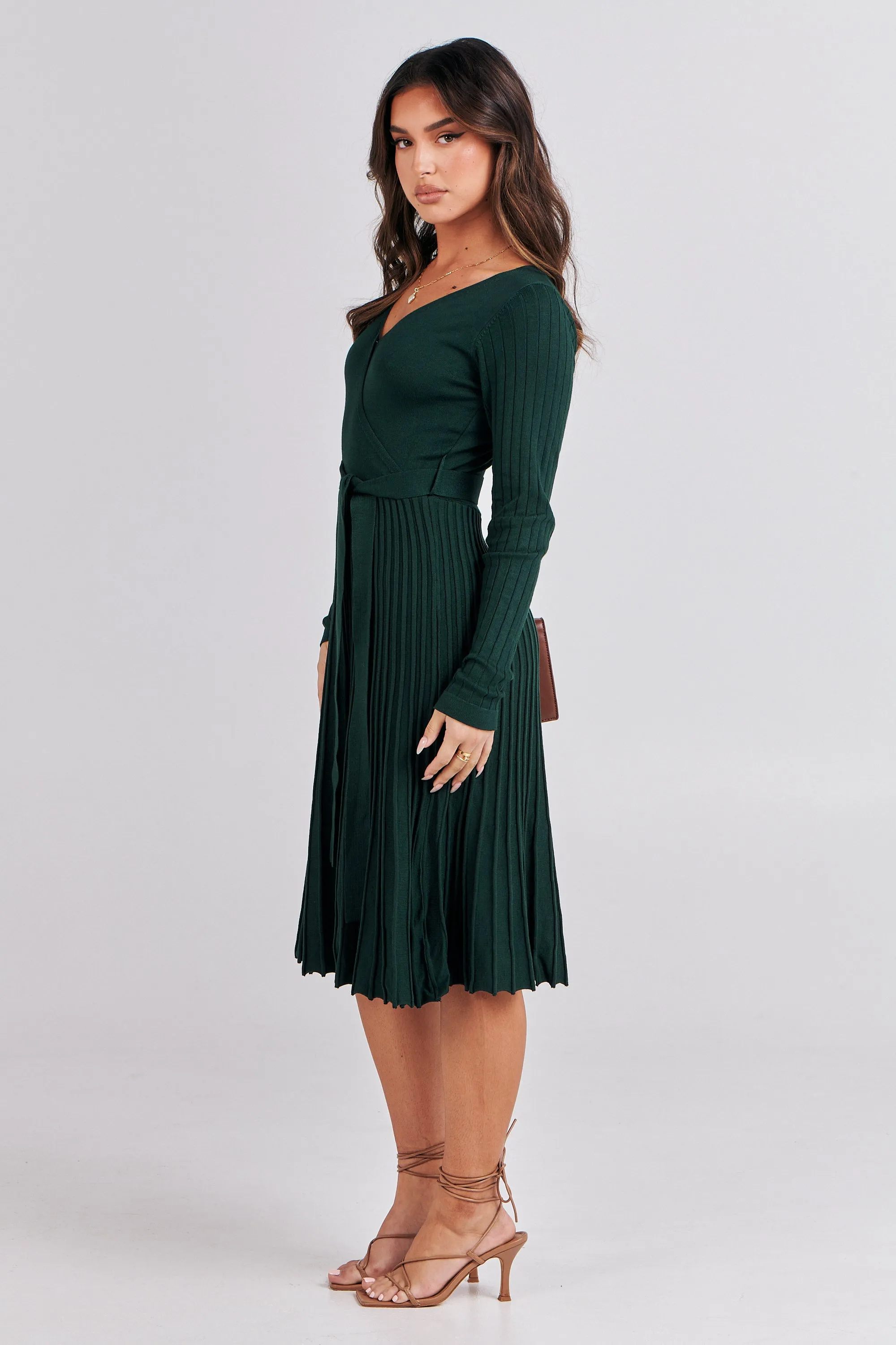 Parker Emerald Long Sleeve Pleated Knit Midi Dress