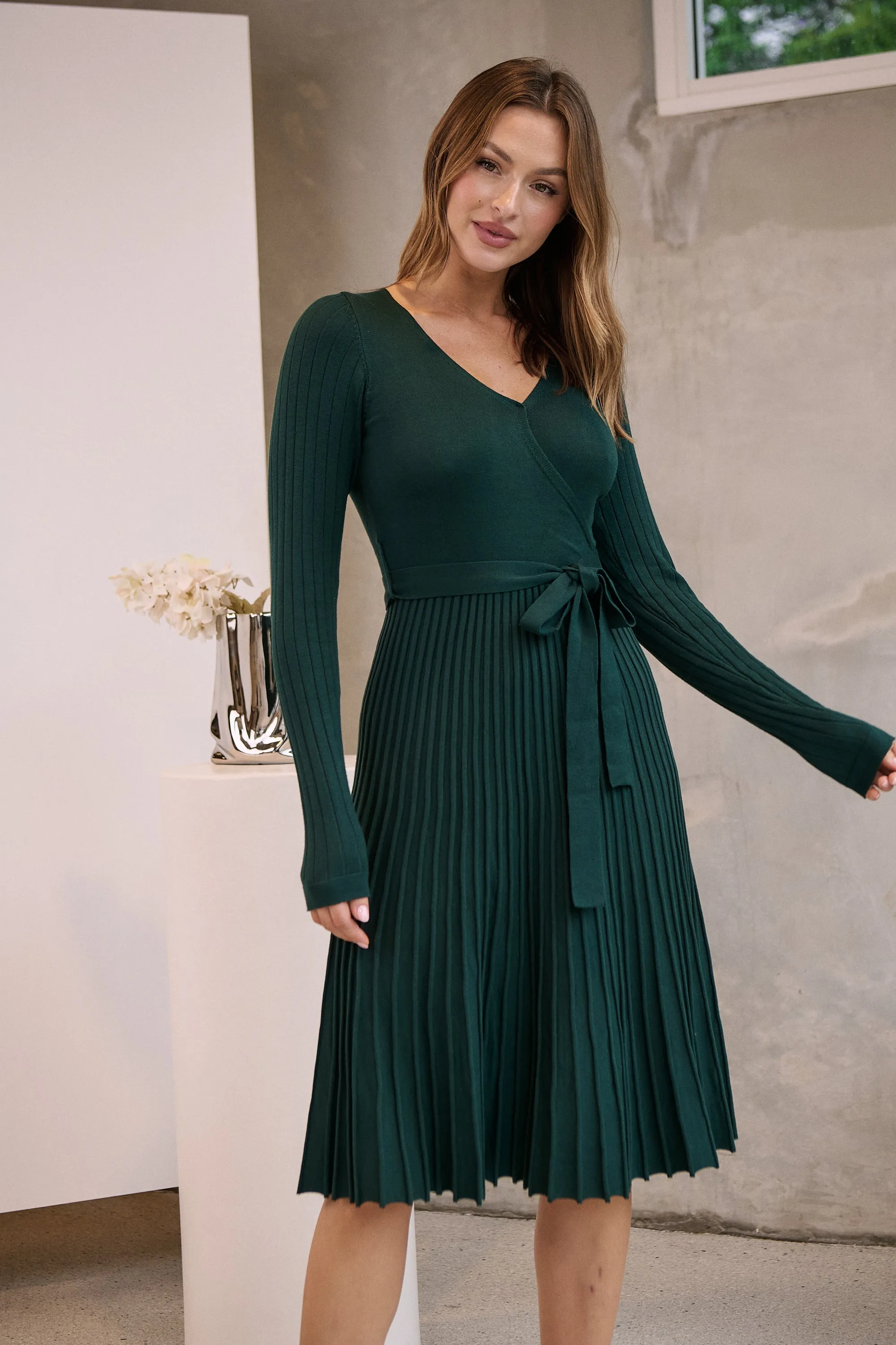 Parker Emerald Long Sleeve Pleated Knit Midi Dress