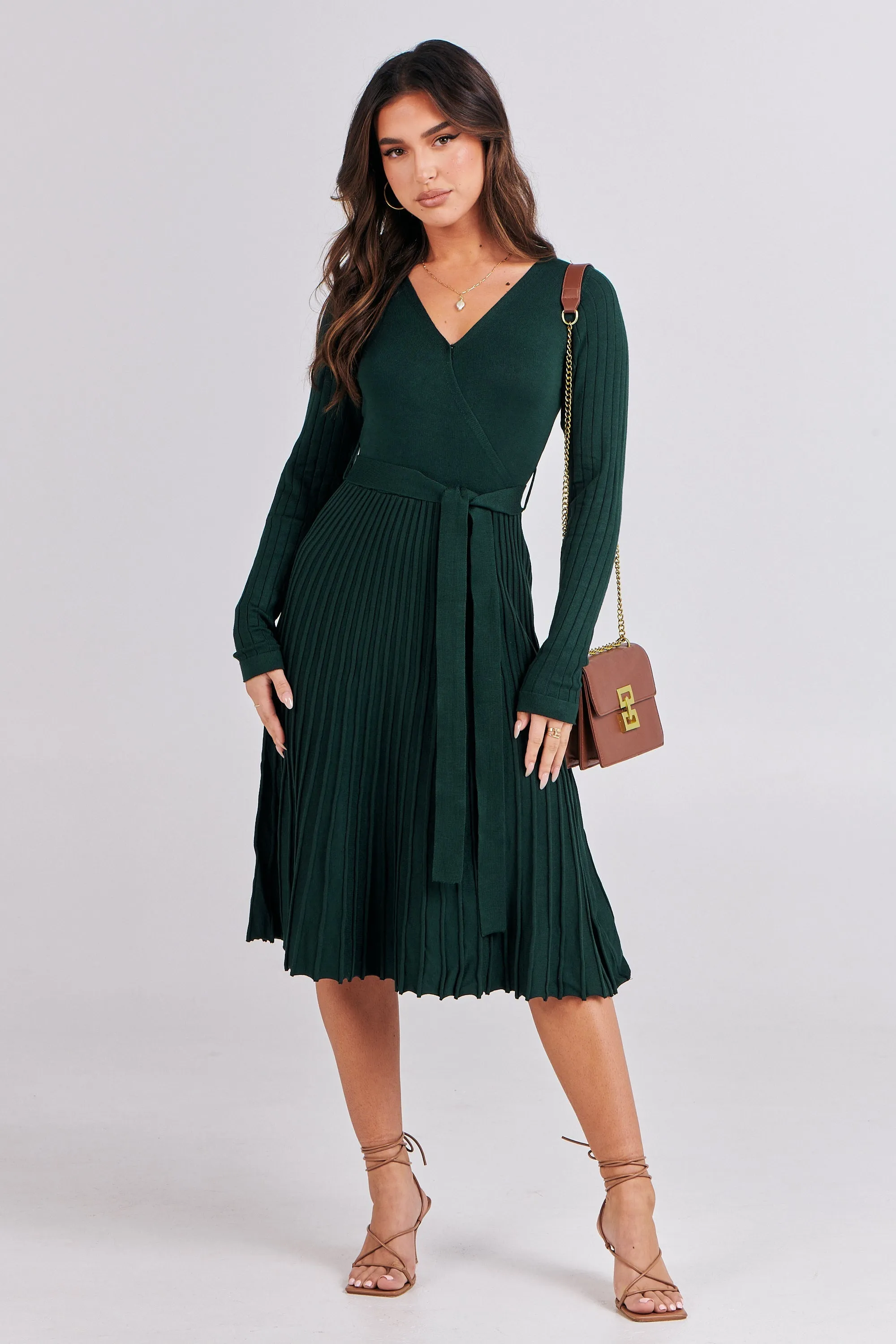 Parker Emerald Long Sleeve Pleated Knit Midi Dress